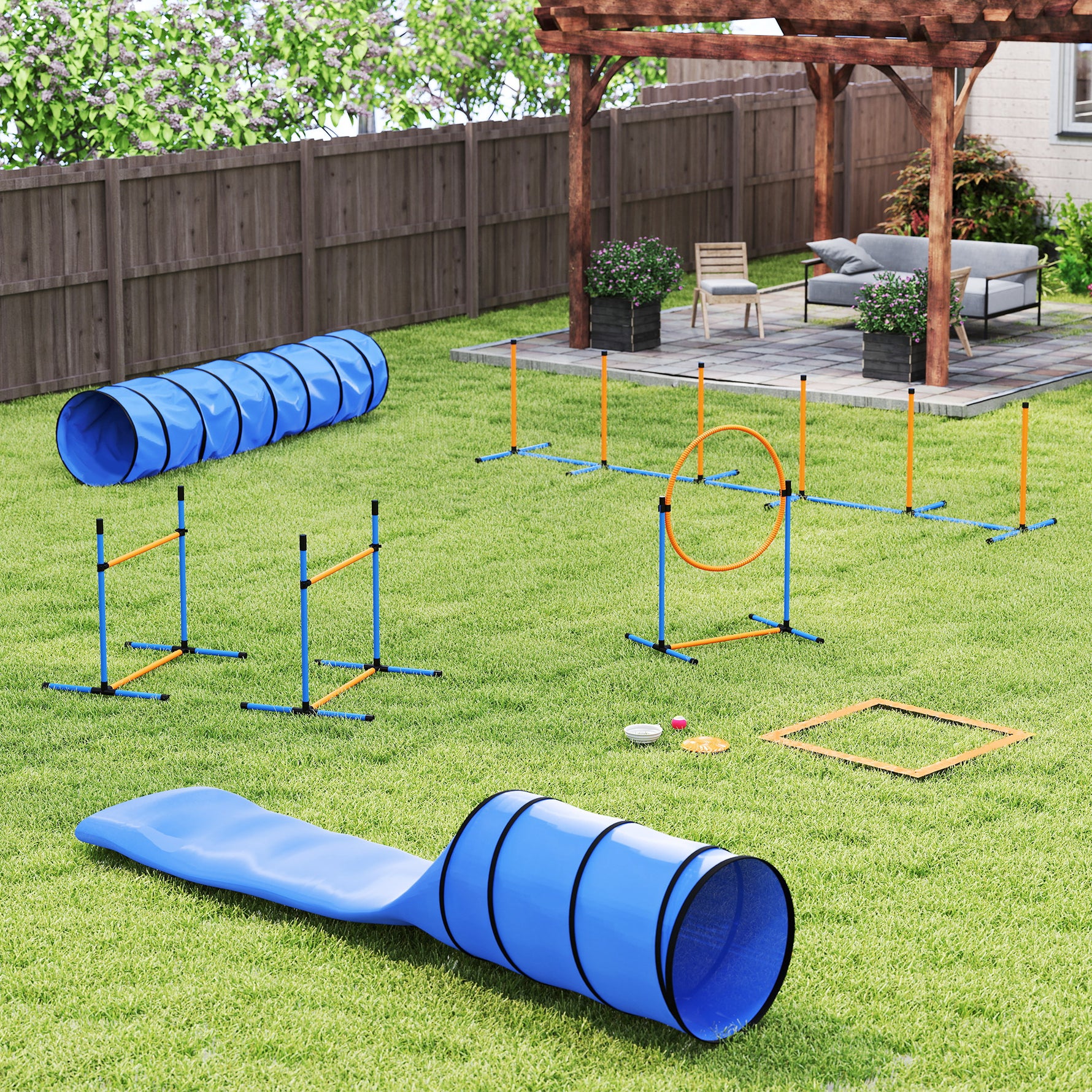 Ensemble d'Agilité pour Chien 11 Pièces, Parcours d'Obstacle avec 2 Tunnels, Sauts Ajustables, Orange et Bleu
