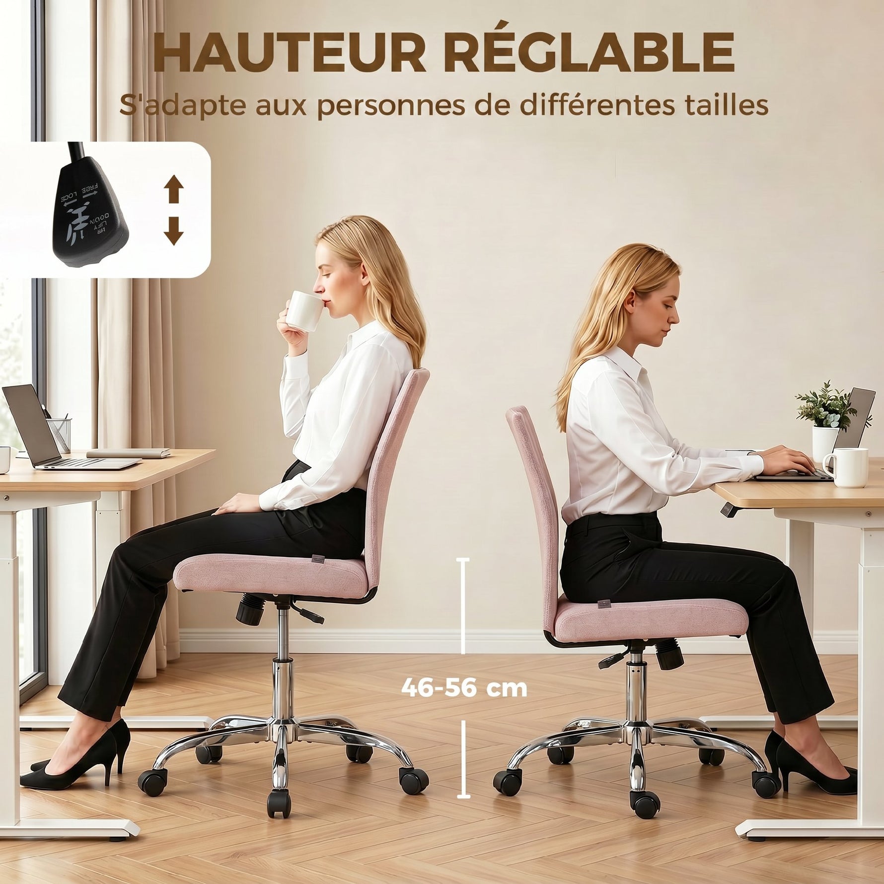 Chaise de bureau sans accoudoirs, fauteuil de bureau, hauteur réglable et pivotant 360°, 43 x 56 x 89-99 cm, rose