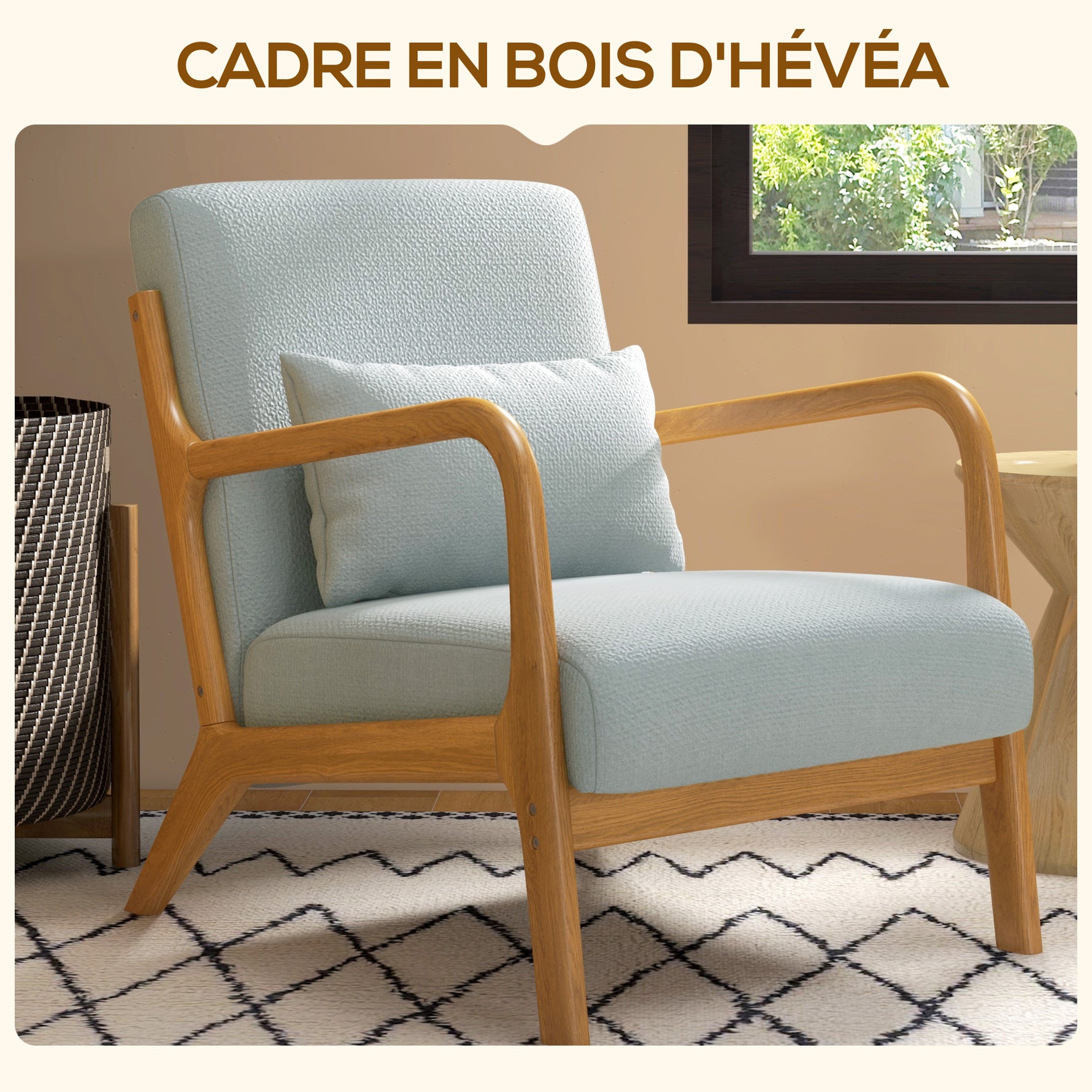 Fauteuil de salon avec cadre en bois massif fauteuil lounge - assise profonde - accoudoirs - lin synthétique gris clair