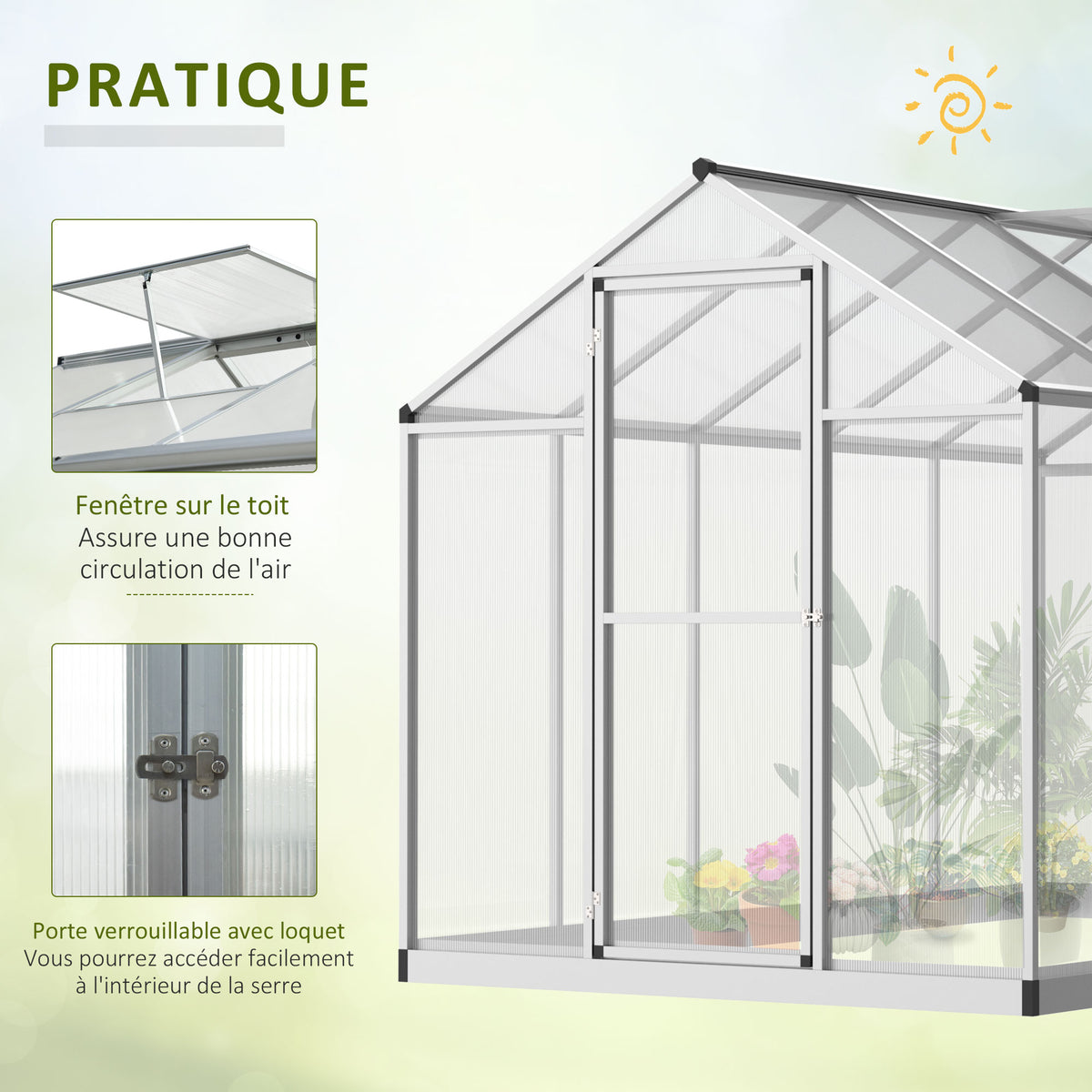 Serre de jardin en aluminium polycarbonate, serre avec fenêtres supérieures réglables, porte battante, abri extérieur résistant aux intempéries pour plante fleur, 303x183x195 cm, transparent