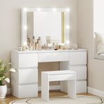 Dressing table with mirror and stool, makeup vanity with LED mirror, padded stool, 7 drawers, 110x39.5x140cm, white