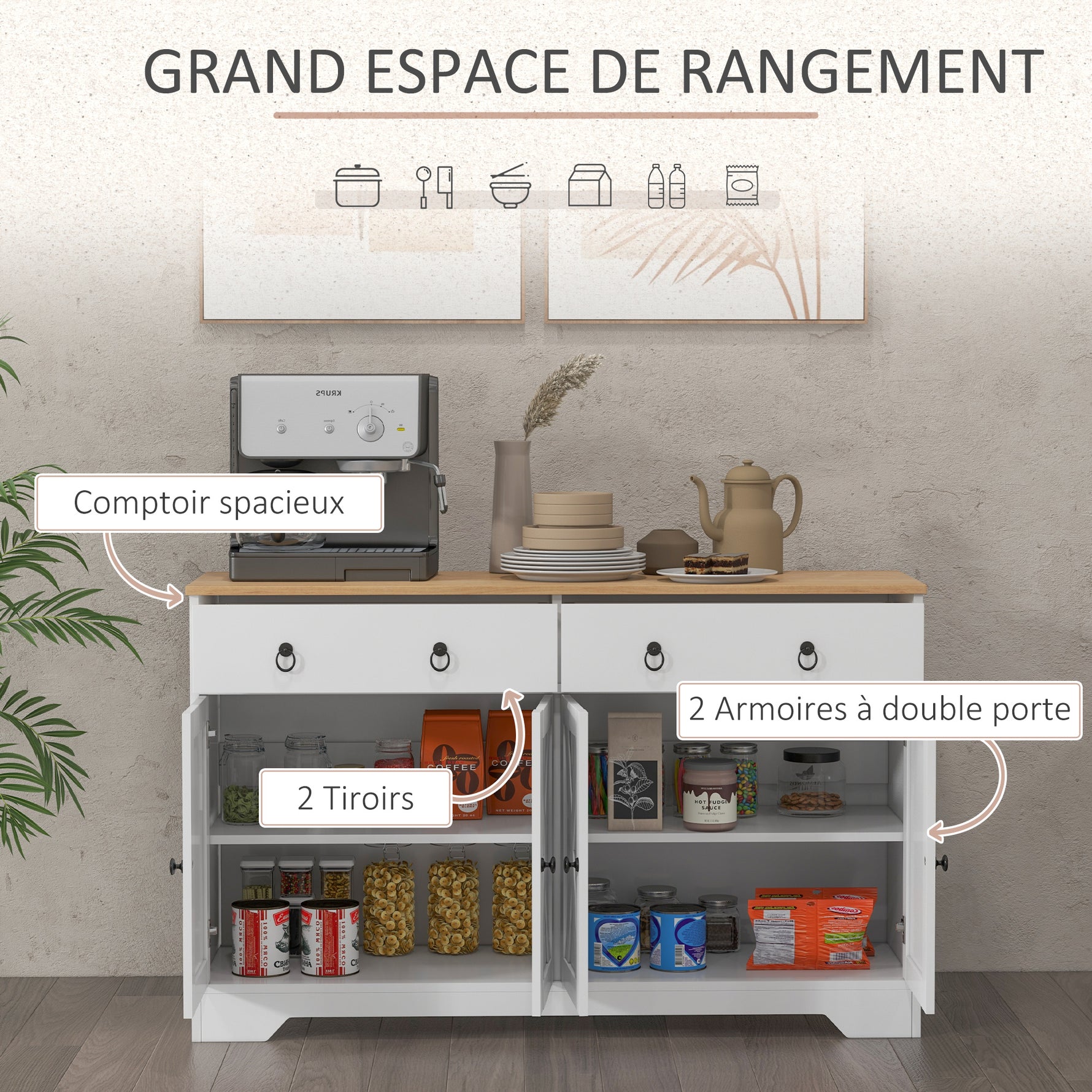 Buffet meuble de rangement armoire de cuisine style rural 2 tiroirs et 2 placards étagères à hauteurs réglables blanc