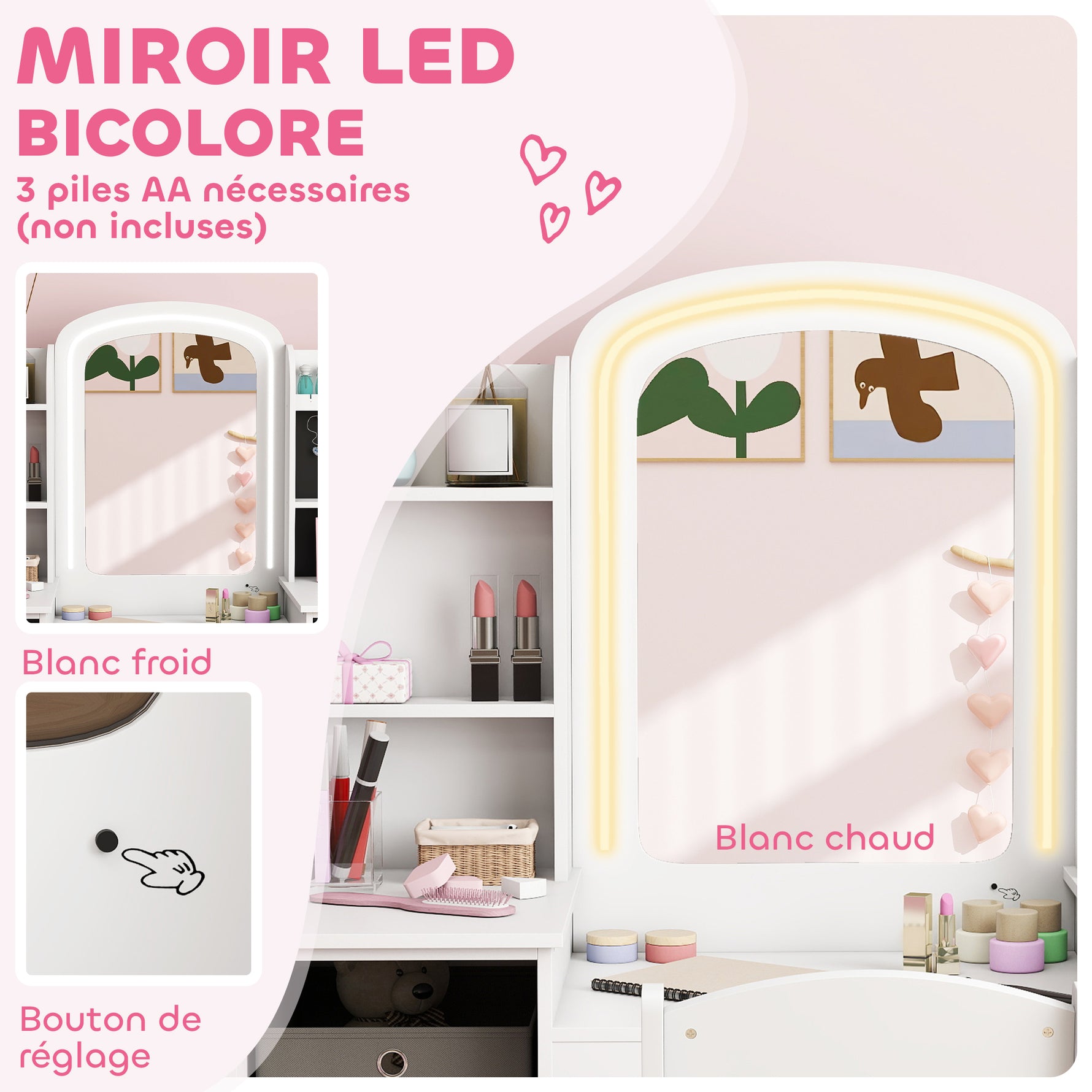 Coiffeuse pour enfants avec tabouret et miroir LED, table de maquillage pour 3 à 8 ans, 104 x 40 x 112 cm, blanc