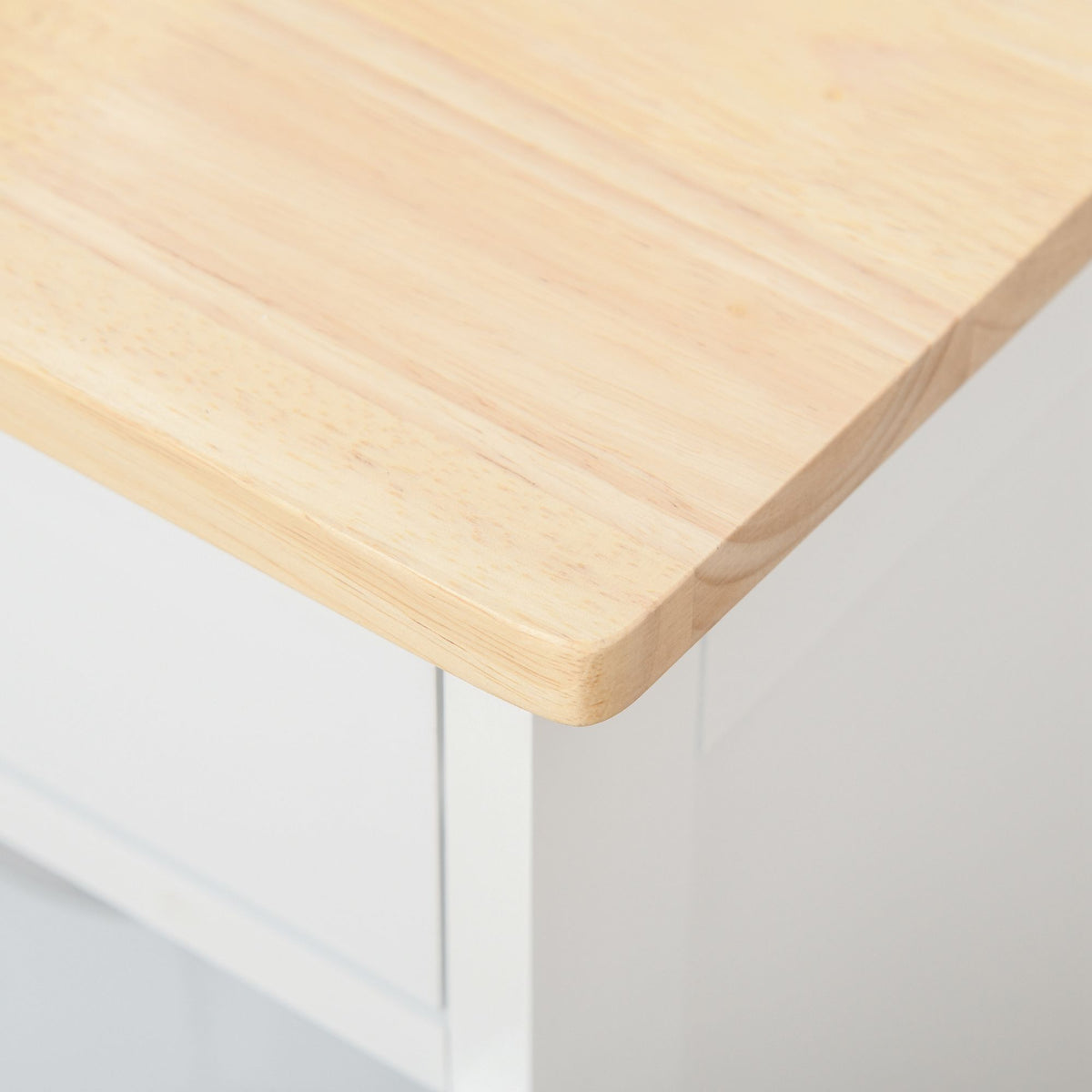 Carrello da cucina multi-ripiano, 2 armadietti, cassetto, portabottiglie da 9 posti, MDF bianco, piano in legno di gomma
