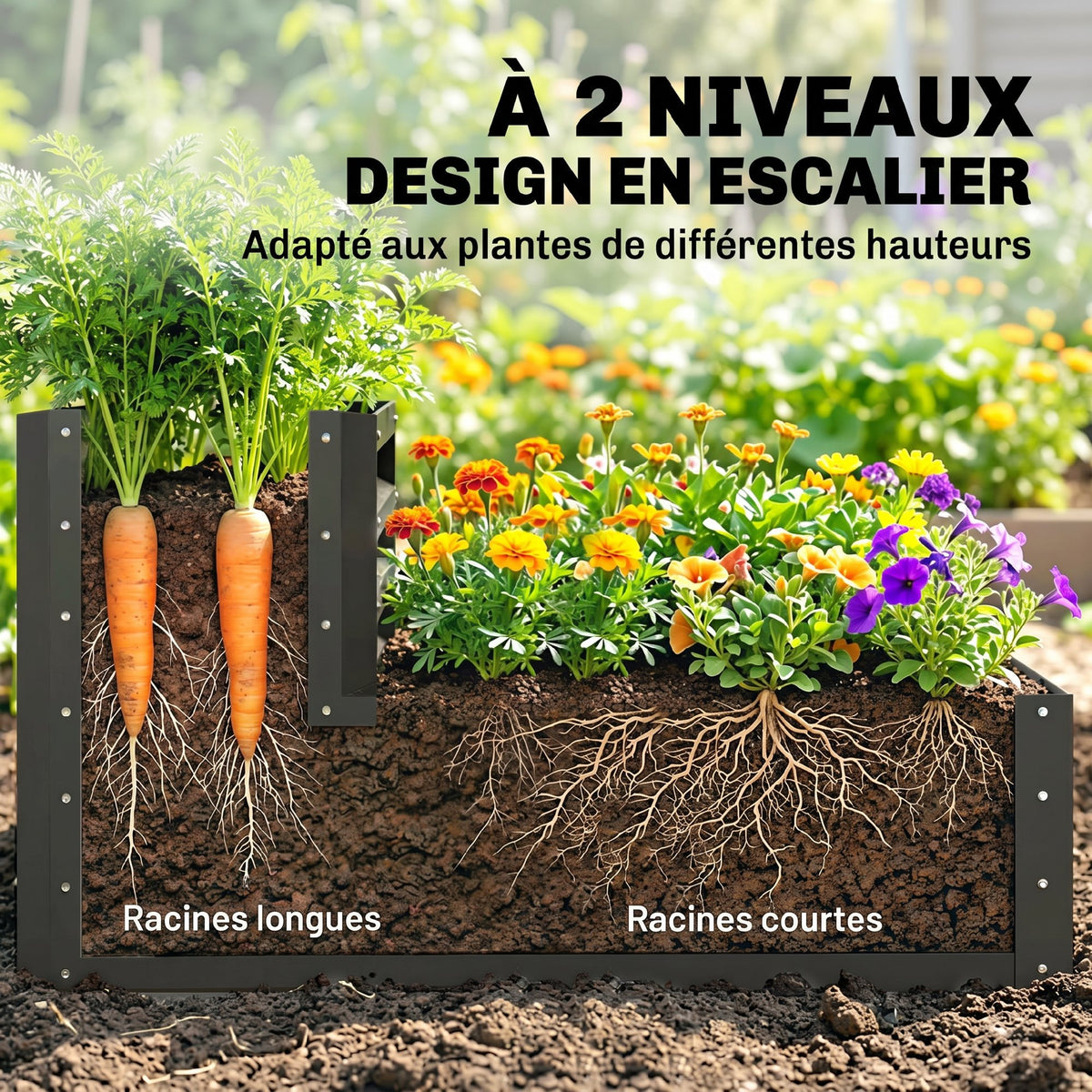 Carré potager de jardin fond ouvert 2 étages pour herbes légumes fruits fleurs 120 x 101 x 58 cm gris foncé