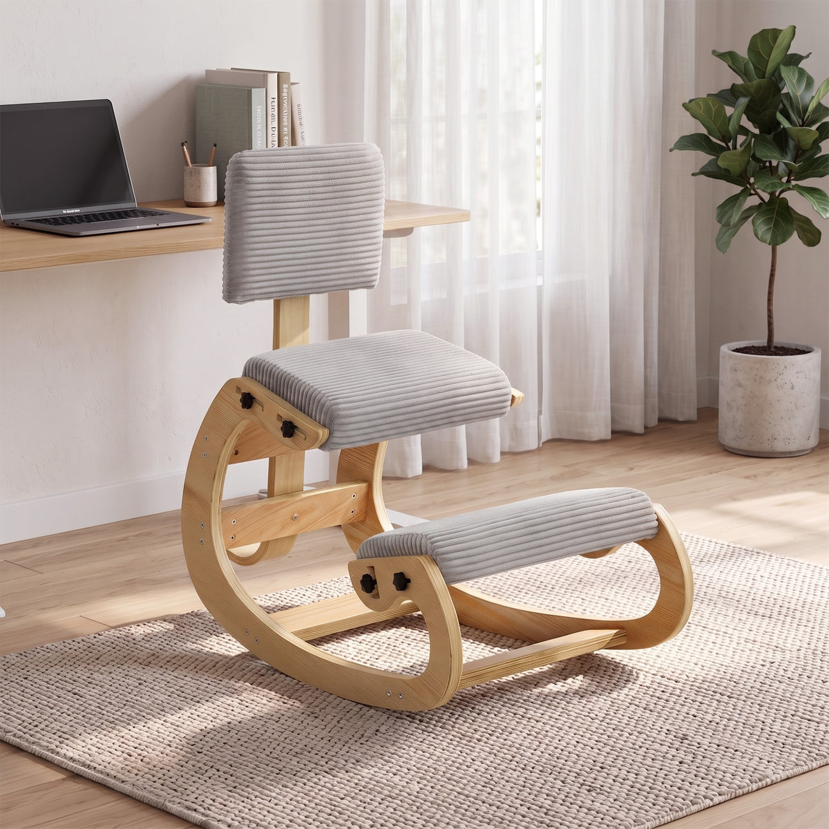 Ergonomic Kneeling Chair with Backrest, Corduroy Padded Rocking Kneeling Stool, Light Grey