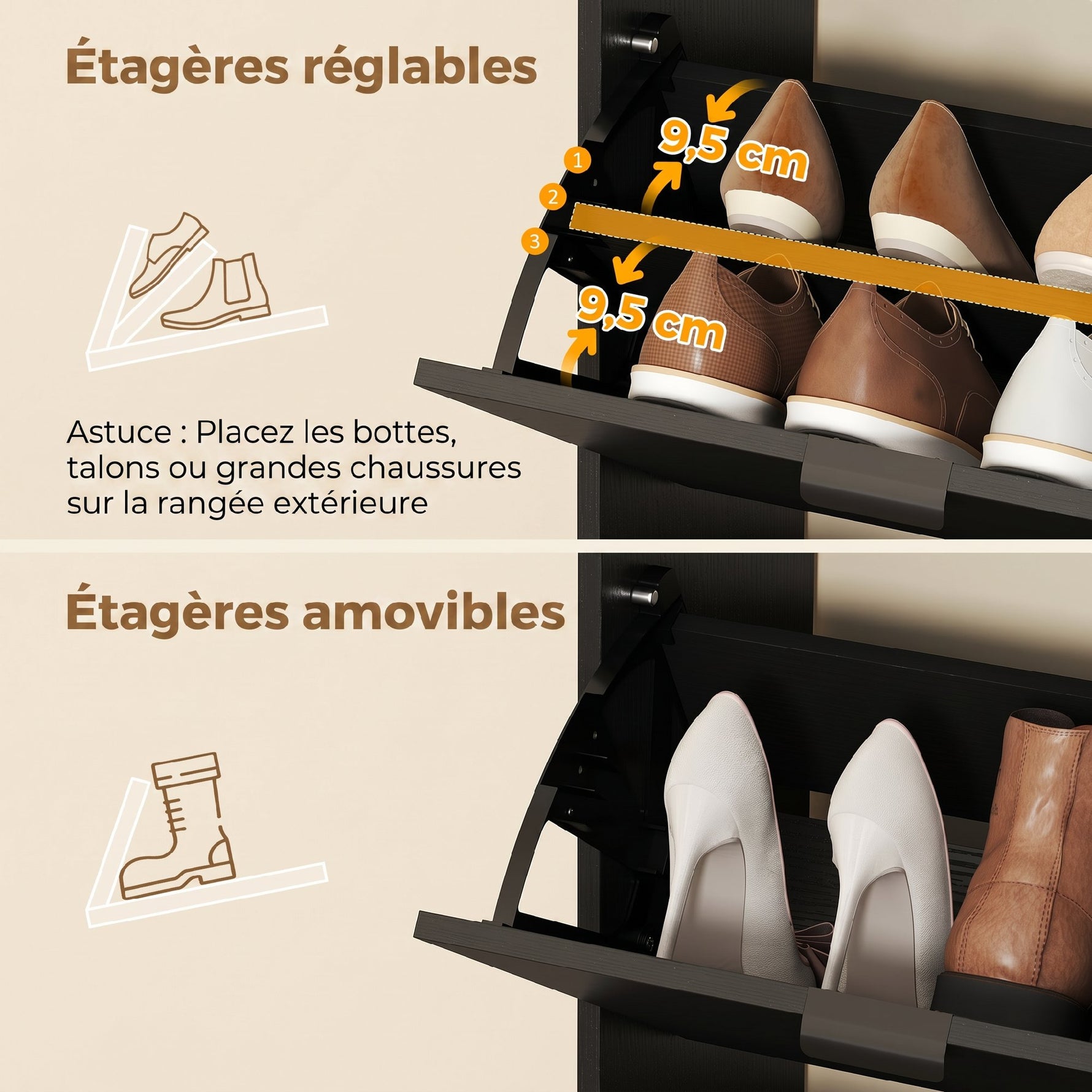 Meuble à chaussures 16 paires armoire à chaussures 4 tiroirs rabattables 2 portes en miroir étagères réglables noir