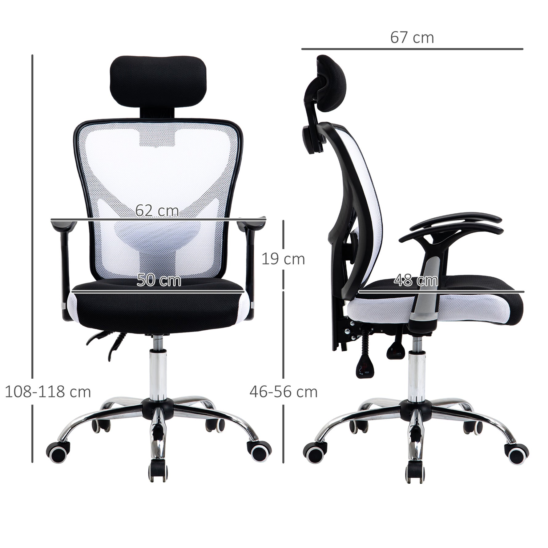 Fauteuil de bureau, chaise de bureau en maille avec hauteur réglable, dossier inclinable, 62x67x118cm, noir et blanc