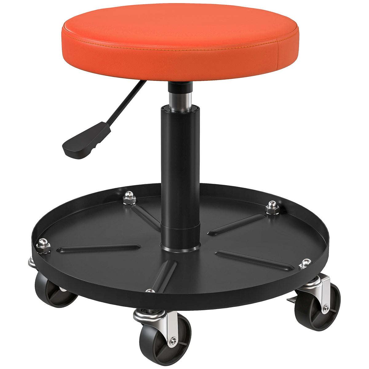 Tailer-taburetea, 360°-tan biratzen duten 5 gurpilekin, altuera erregulagarria 38-50 cm, erretiluarekin, 38 x 38 x 38-50 cm, laranjakoa
