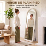 Miroir de Sol Arqué Pleine Longueur 160x60cm, Grand Miroir sur Pied ou Mural, Cadre Effet Velours, Verre Trempé, Crème