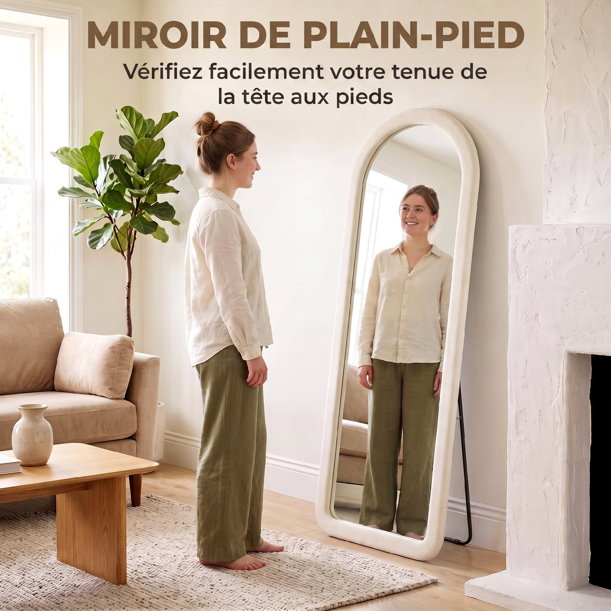 Miroir de Sol Arqué Pleine Longueur 160x60cm, Grand Miroir sur Pied ou Mural, Cadre Effet Velours, Verre Trempé, Crème