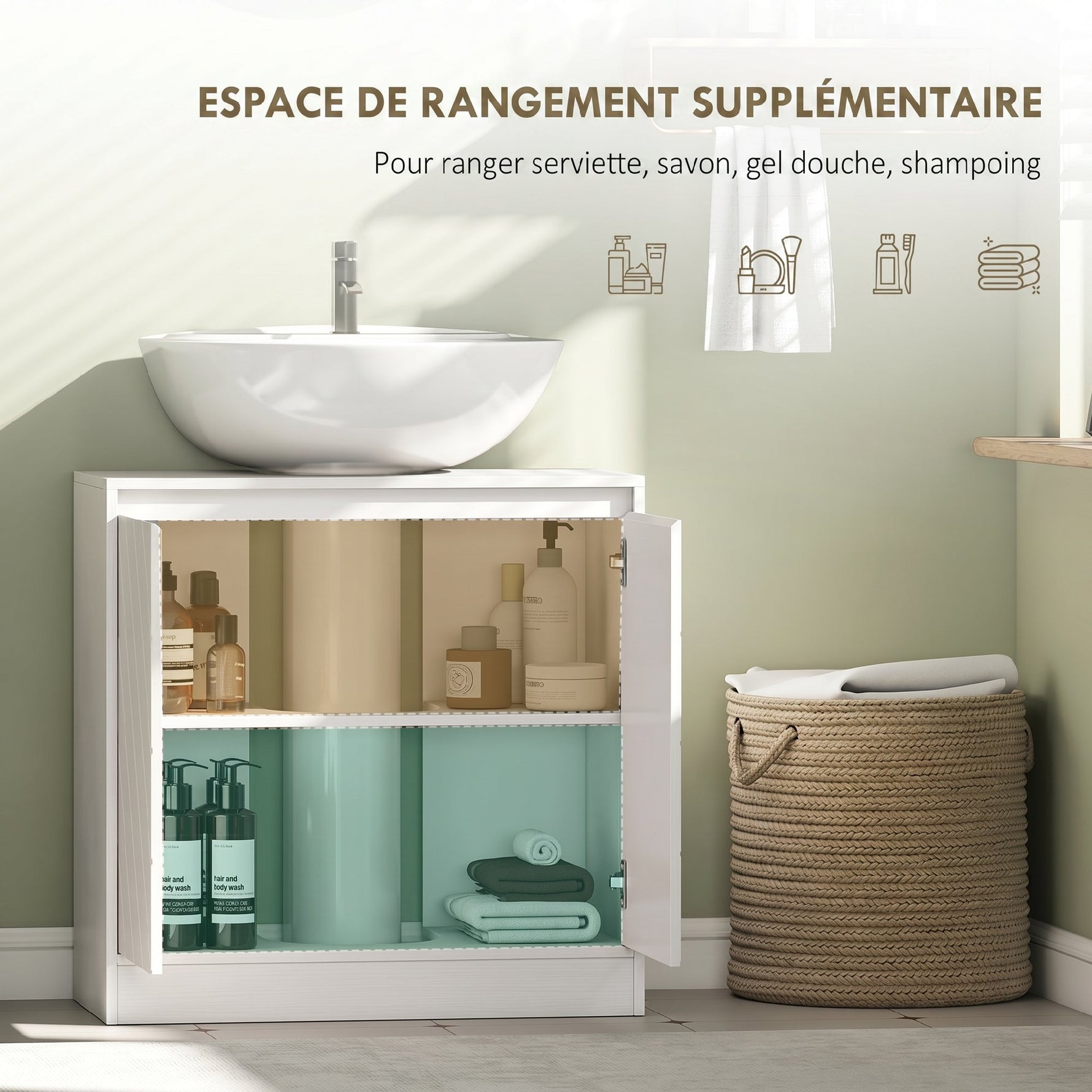 Meuble salle de bain sous Lavabo - meuble sous-vasque - placard 2 portes avec étagère blanc