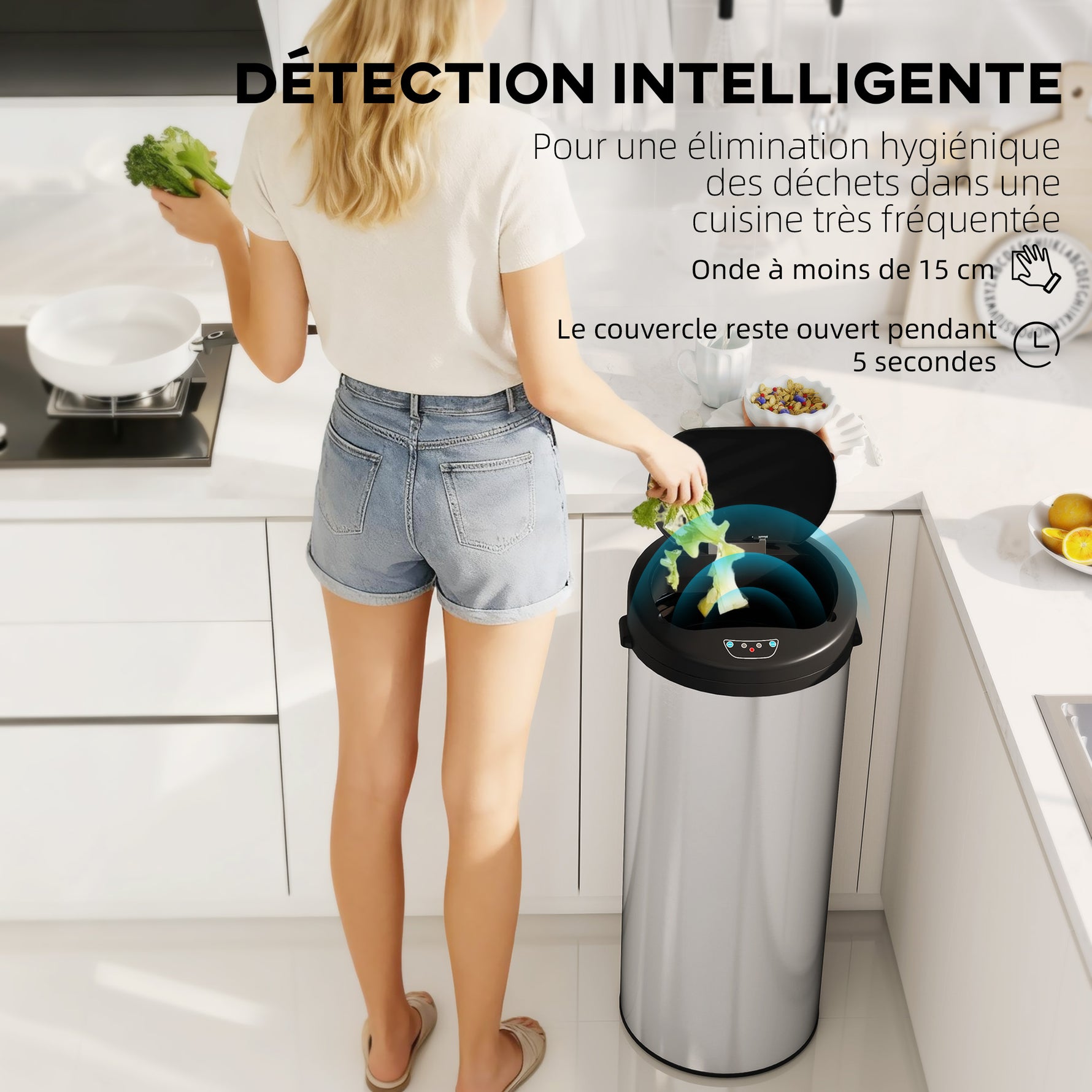 Poubelle de cuisine automatique 55 L en acier inoxydable, couvercle à fermeture en douceur, 32 x 30 x 78,5 cm, argent