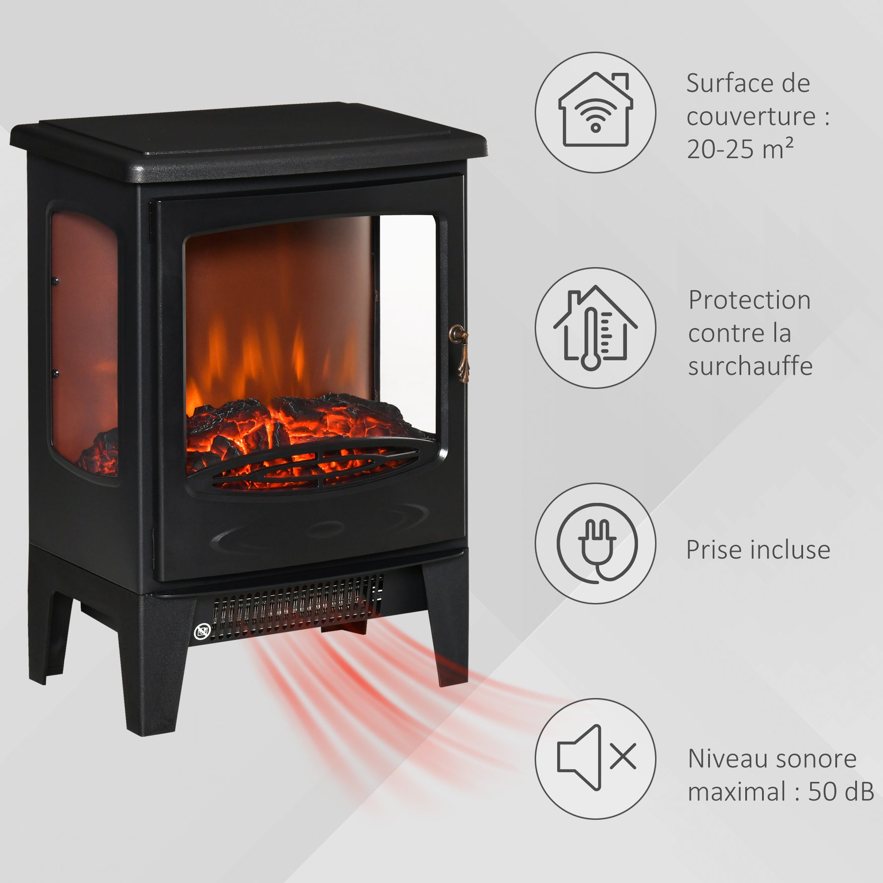 Cheminée électrique poêle Style néo-rétro 900-1800 W Simulation Flammes LED luminosité réglable Acier ABS Noir
