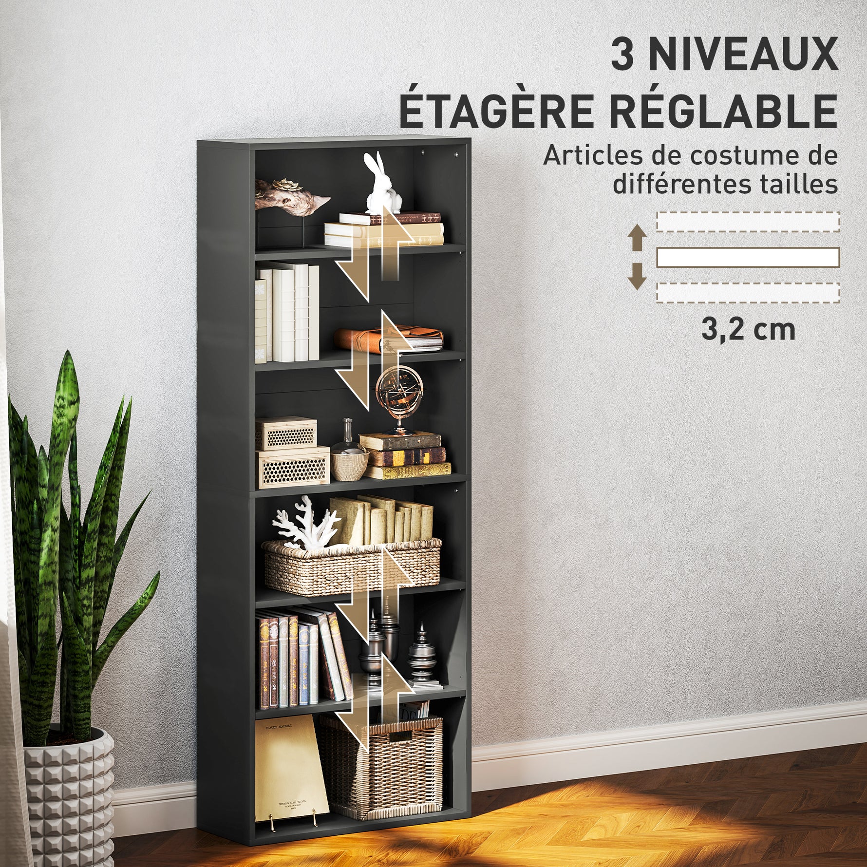 Bibliothèque étagère de rangement 6 niveaux avec étagères réglables pour salon, chambre, bureau, 60x24x158,5cm, noir