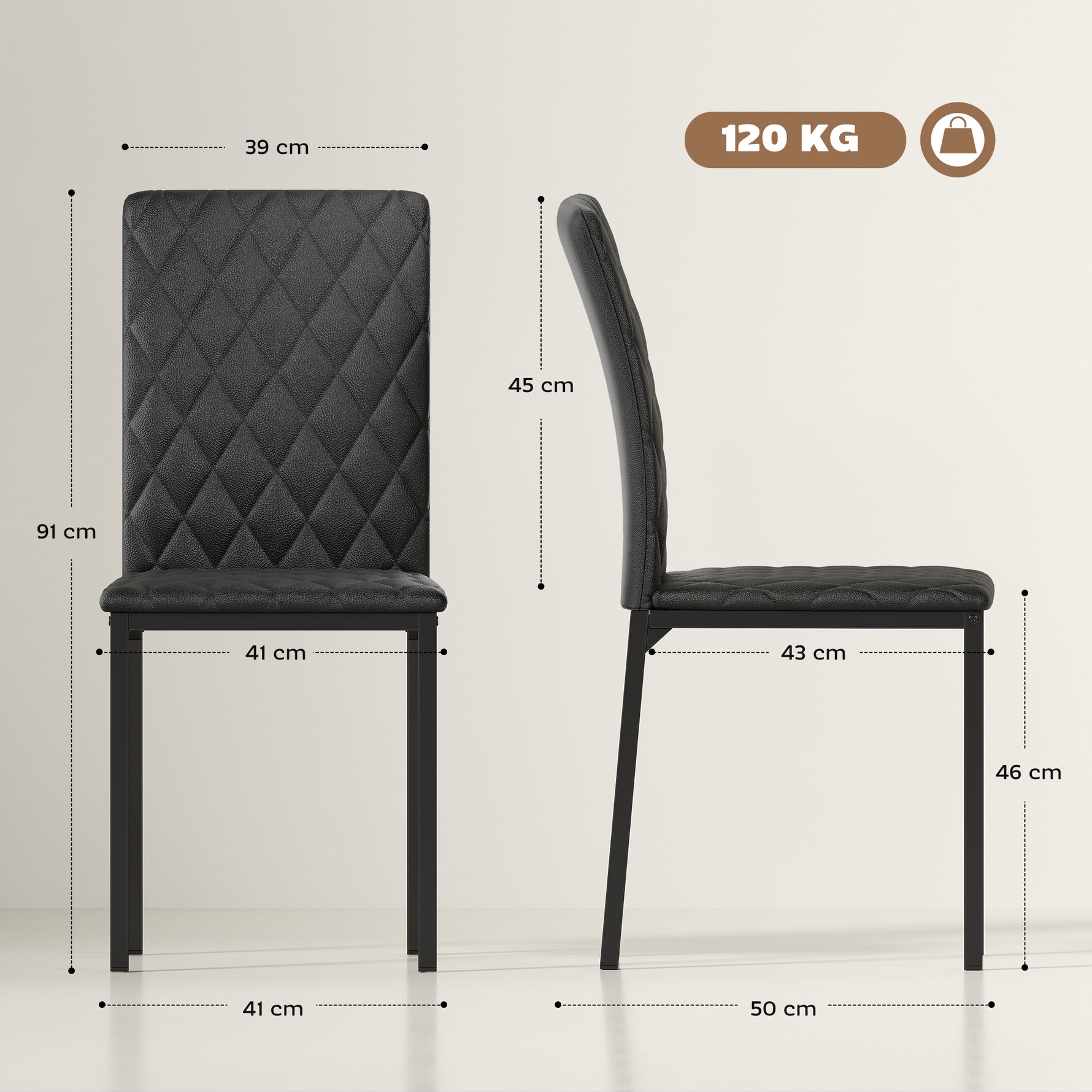 Lot de 4 chaises de salle à manger, chaises de cuisine, capitonnage rhombique et pieds en métal, 41x50x91cm, noir