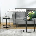 Lot de 2 tables basses tables d'appoint gigognes en acier et plateau MDF aspect marbre - table ronde et ovale - noir