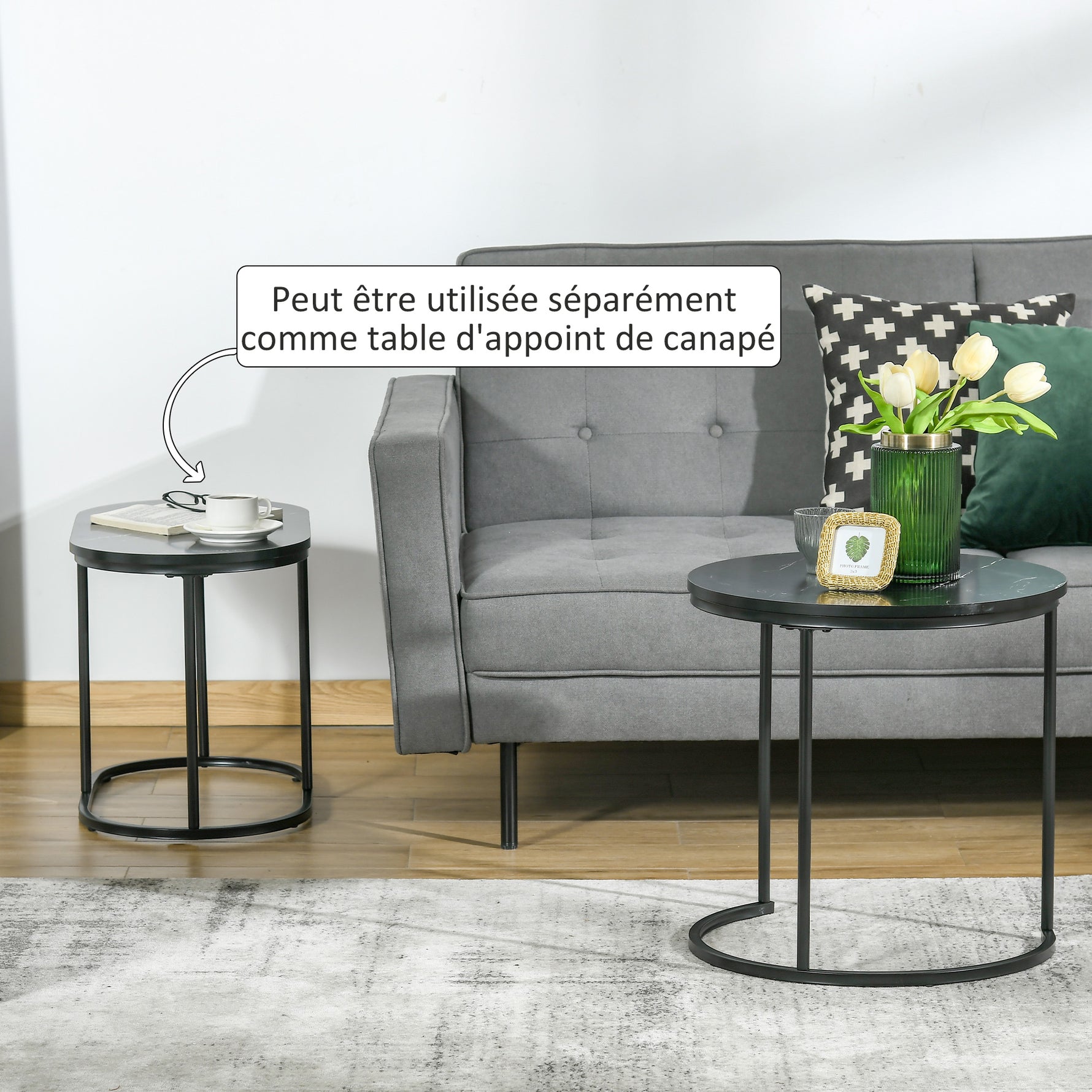 Lot de 2 tables basses tables d'appoint gigognes en acier et plateau MDF aspect marbre - table ronde et ovale - noir