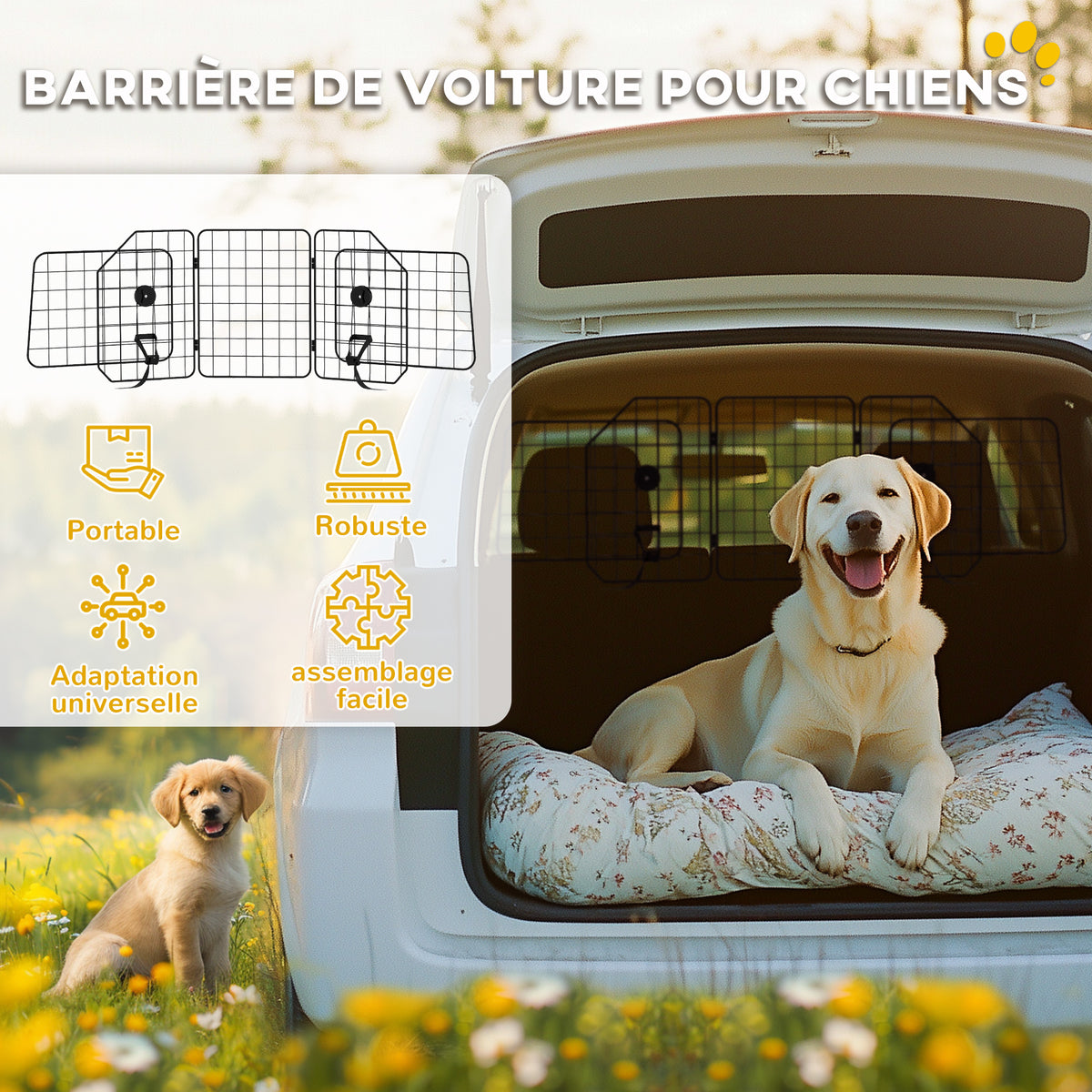 Grille de séparation voiture pour chien pliable largeur ajustable 93 à 150 cm barrière pour chien universelle, noir
