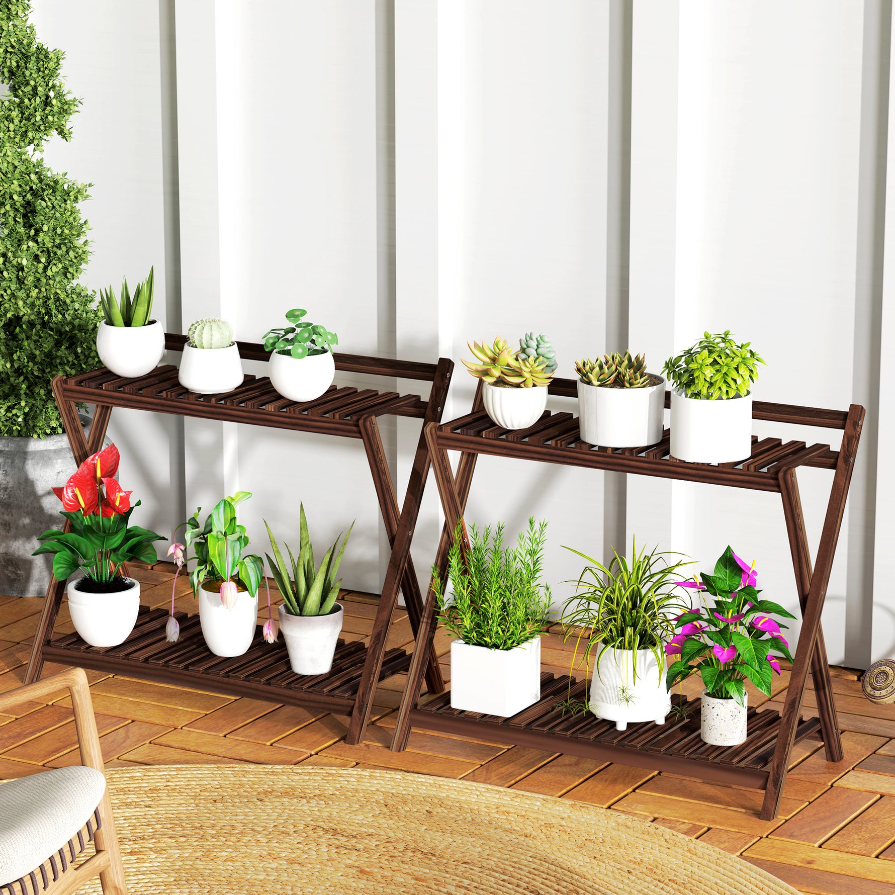 Lot de 2 support plantes intérieur 2 niveaux étagères à plants avec support arrière 73 x 36 x 64 cm marron