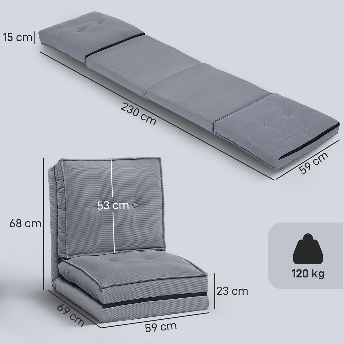 Fauteuil de sol pliable en velours côtelé, matelas de sol avec dossier réglable en 5 positions, 59 x 230 x 15 cm, gris