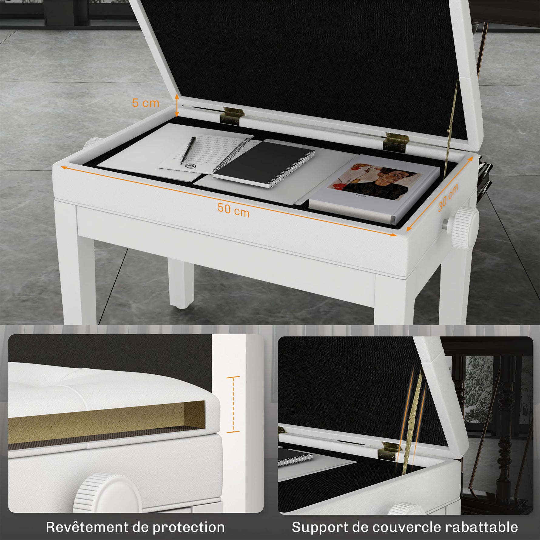 Banc de piano, banc de clavier réglable en hauteur en bois massif, compartiment de rangement, 55 x 33 x 48-58 cm blanc