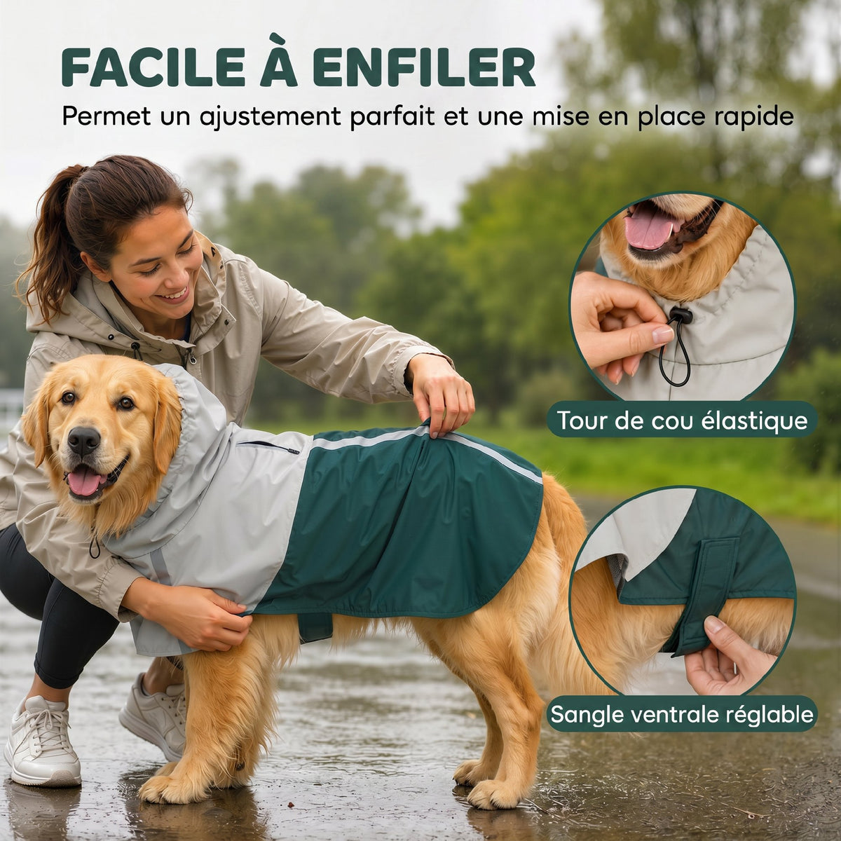 Imperméable pour Chien avec Capuche, Bandes Réfléchissantes, Ouverture pour Laisse, 110x72x0,5cm, Vert