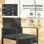 Salon de jardin extérieur en résine tressée 2 personnes, table de jardin avec 2 chaises, plateau en verre trempé, noir
