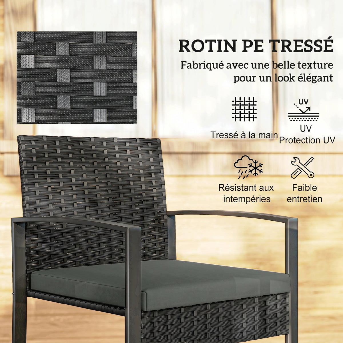 Salon de jardin extérieur en résine tressée 2 personnes, table de jardin avec 2 chaises, plateau en verre trempé, noir