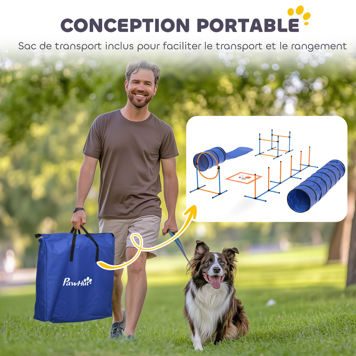 Ensemble d'Agilité pour Chien 11 Pièces, Parcours d'Obstacle avec 2 Tunnels, Sauts Ajustables, Orange et Bleu