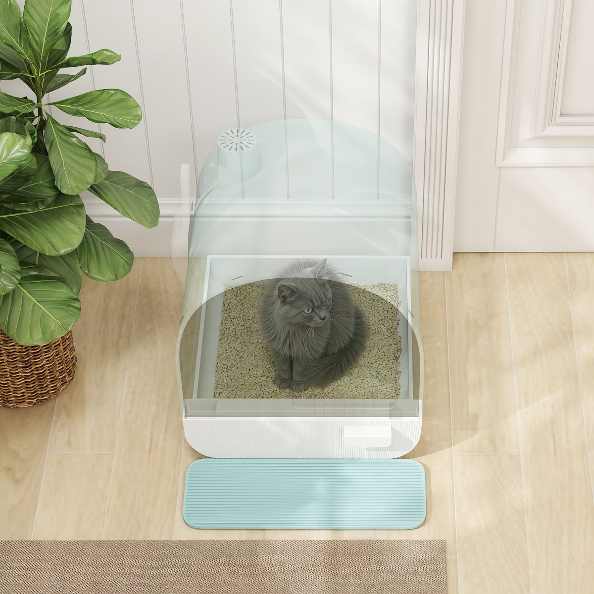 Maison de toilette pour chat avec tiroir amovible, bac à litière fermé avec tapis anti-trace, pelle, filtre anti-odeur et porte battante, nettoyage facile, 43 x 44 x 47 cm, vert