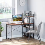 Bureau d'angle avec rangement design Industriel avec bibliothèque 3 étagères panneaux particules aspect noyer