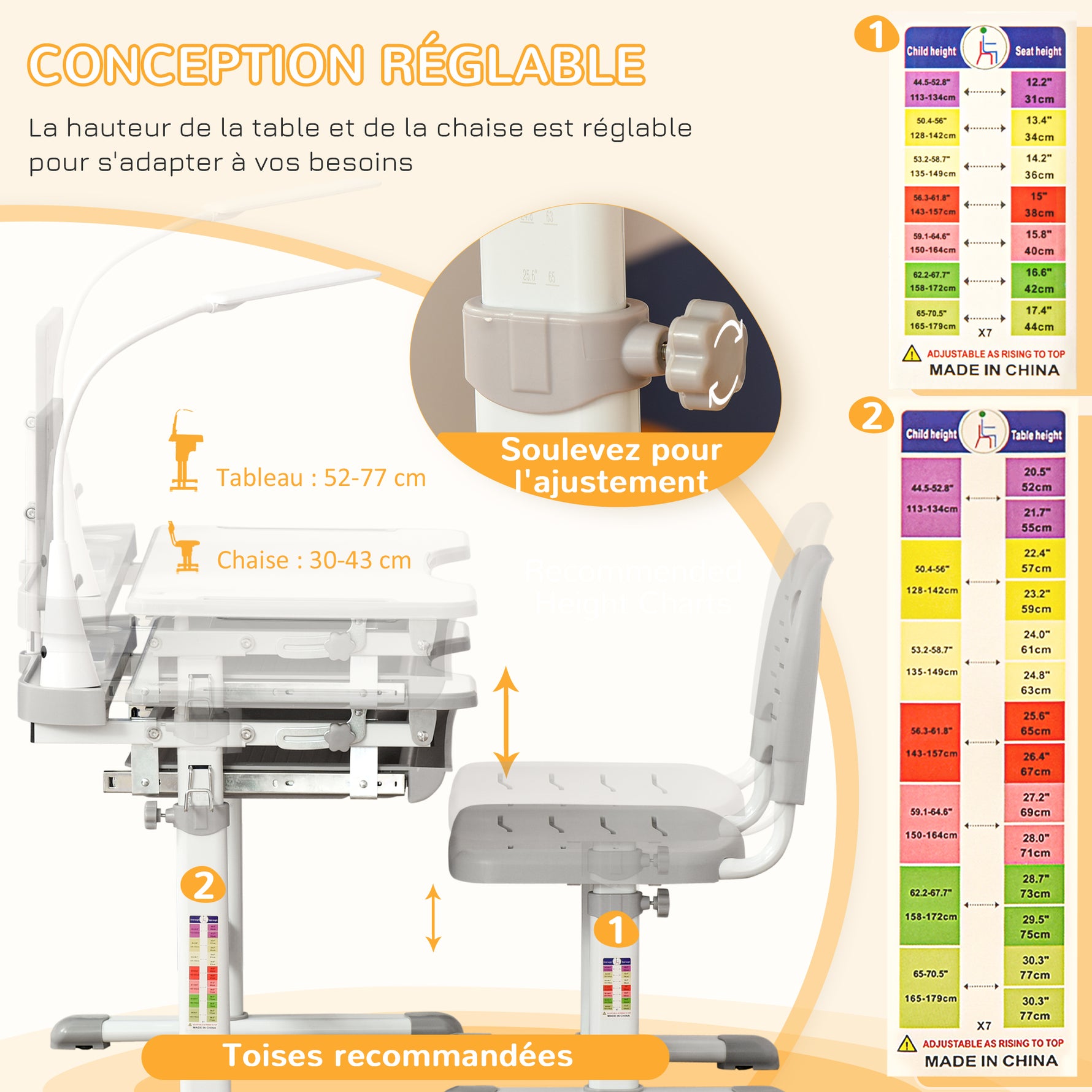 Ensemble chaise et bureau pour enfants avec lampe LED hauteur réglable plateau incliné support de lecture gris