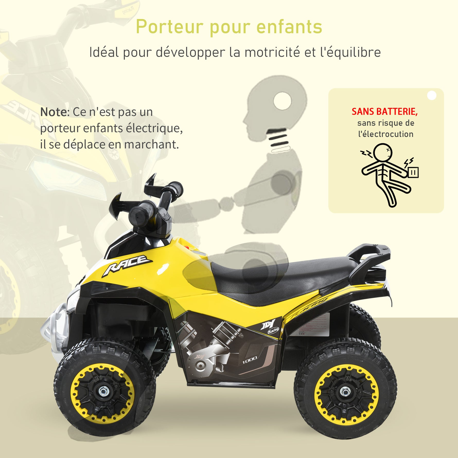 Porteur Enfants SANS Moteur Quad 18-36 Mois dim. 67L x 38l x 44H cm Effets Lumineux et sonores Jaune Noir PAS ÉLECTRIQUE