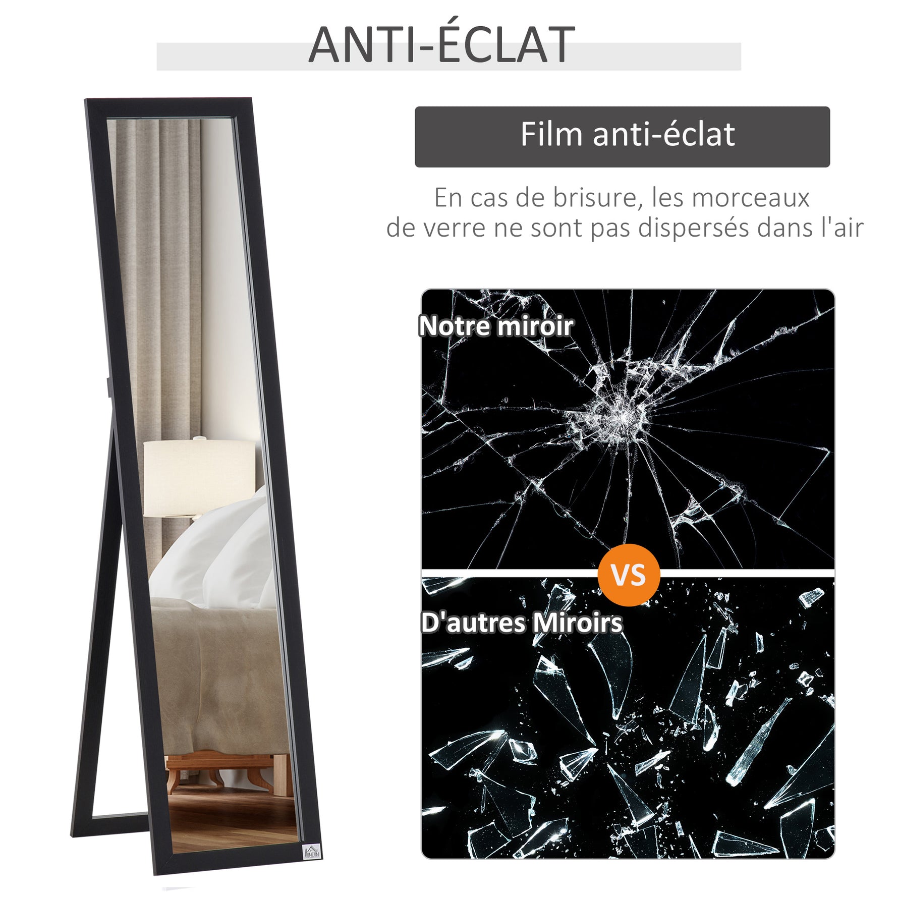 Miroir sur Pied et Mural Rectangulaire, Miroir de Sol Pleine Longueur pour Dressing, Chambre, Salon, 37 x 37 x 154 cm, Noir