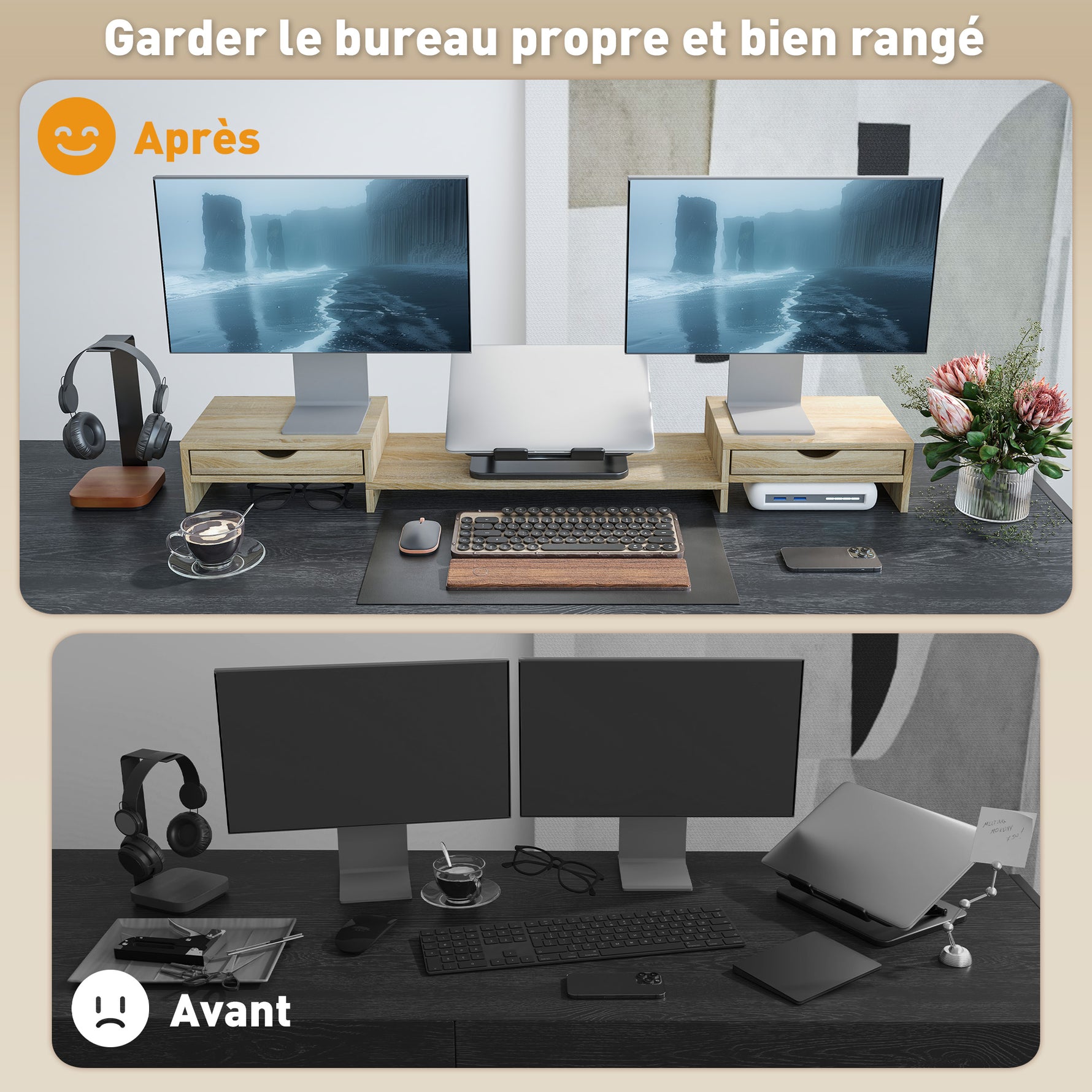 Rehausseur écran PC bureau support d'écran d'ordinateur de 60-116 cm avec 2 tiroirs, longueur et angle réglables