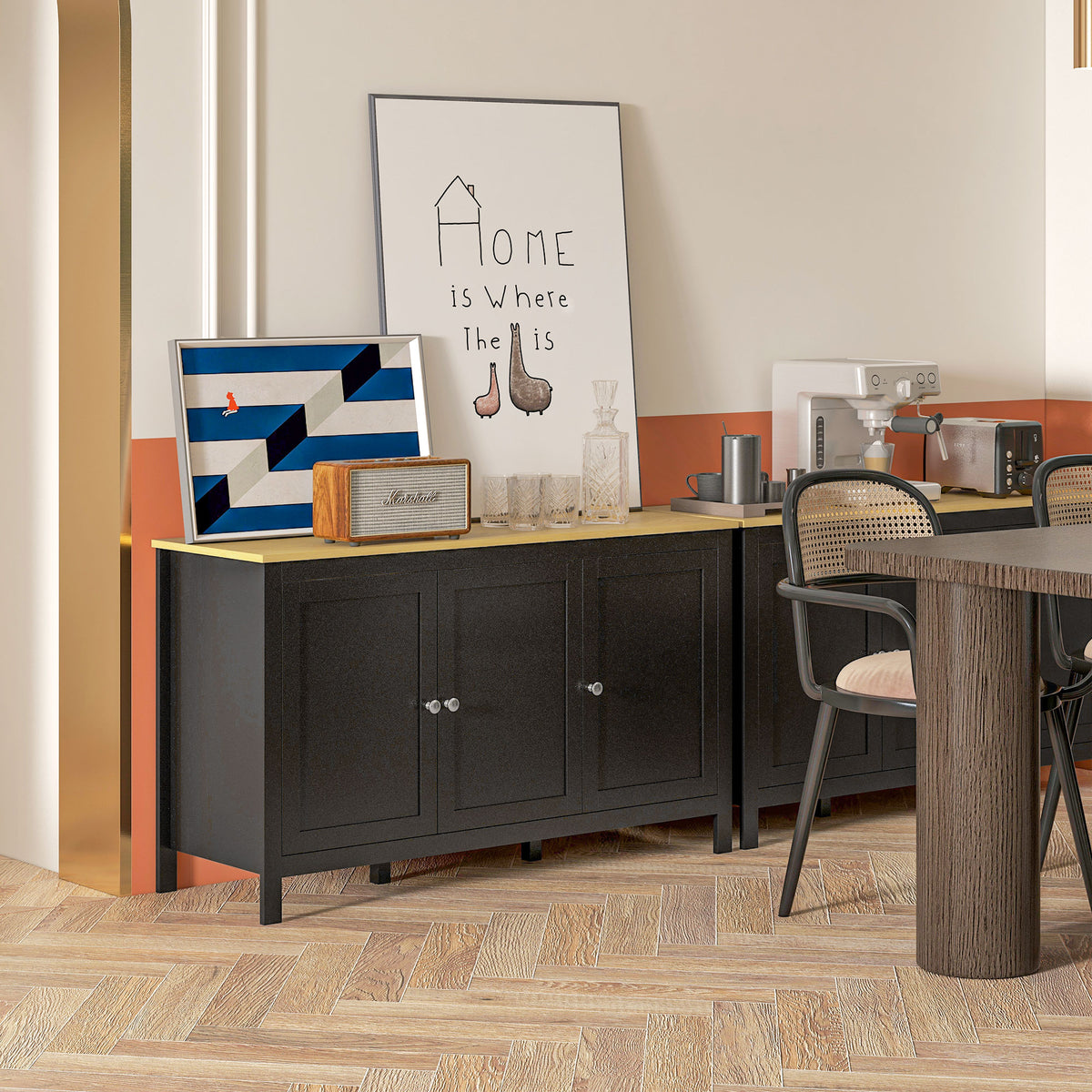 Buffet meuble de rangement avec 3 portes 2 étagères réglables plateau aspect bois clair 120 x 40 x 70 cm noir