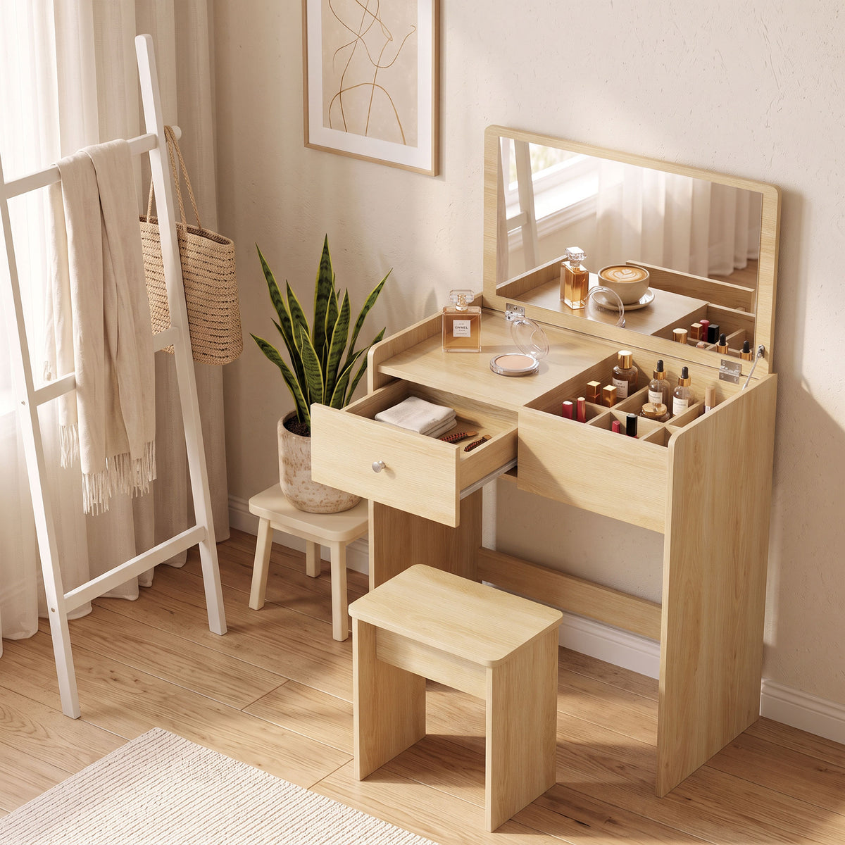 Schreibtisch-Schminktisch 2-in-1 mit klappbarem Spiegel und Hocker, Schminktisch mit Schublade und 6 Fächern, Eiche