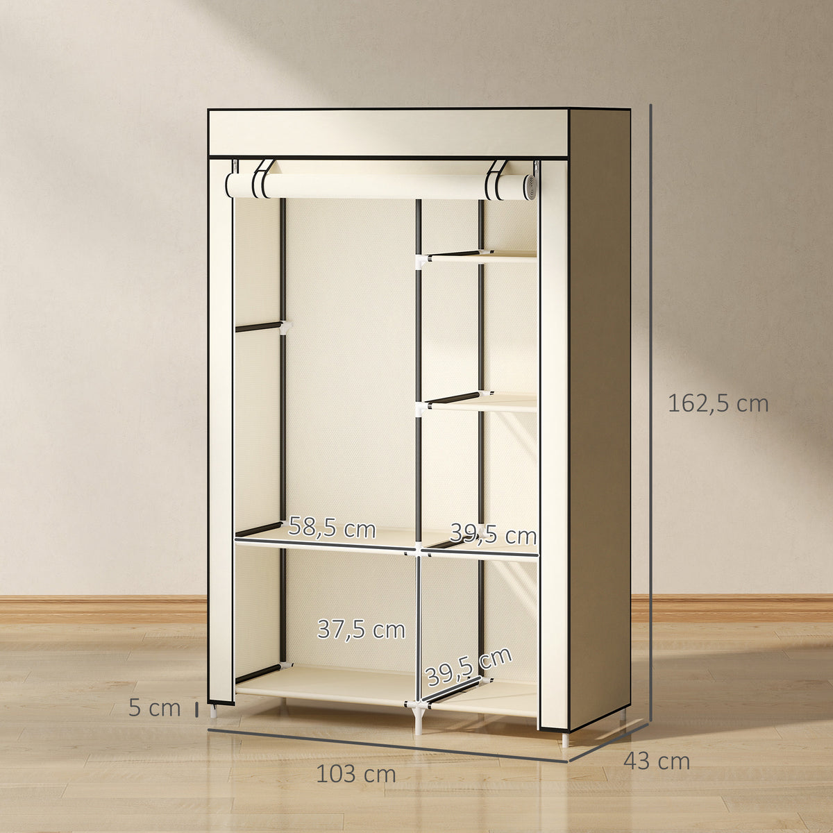 Armoire penderie en tissu meuble de rangement tringle à vêtements et étagères ouvertes 103x43x162,5cm crème