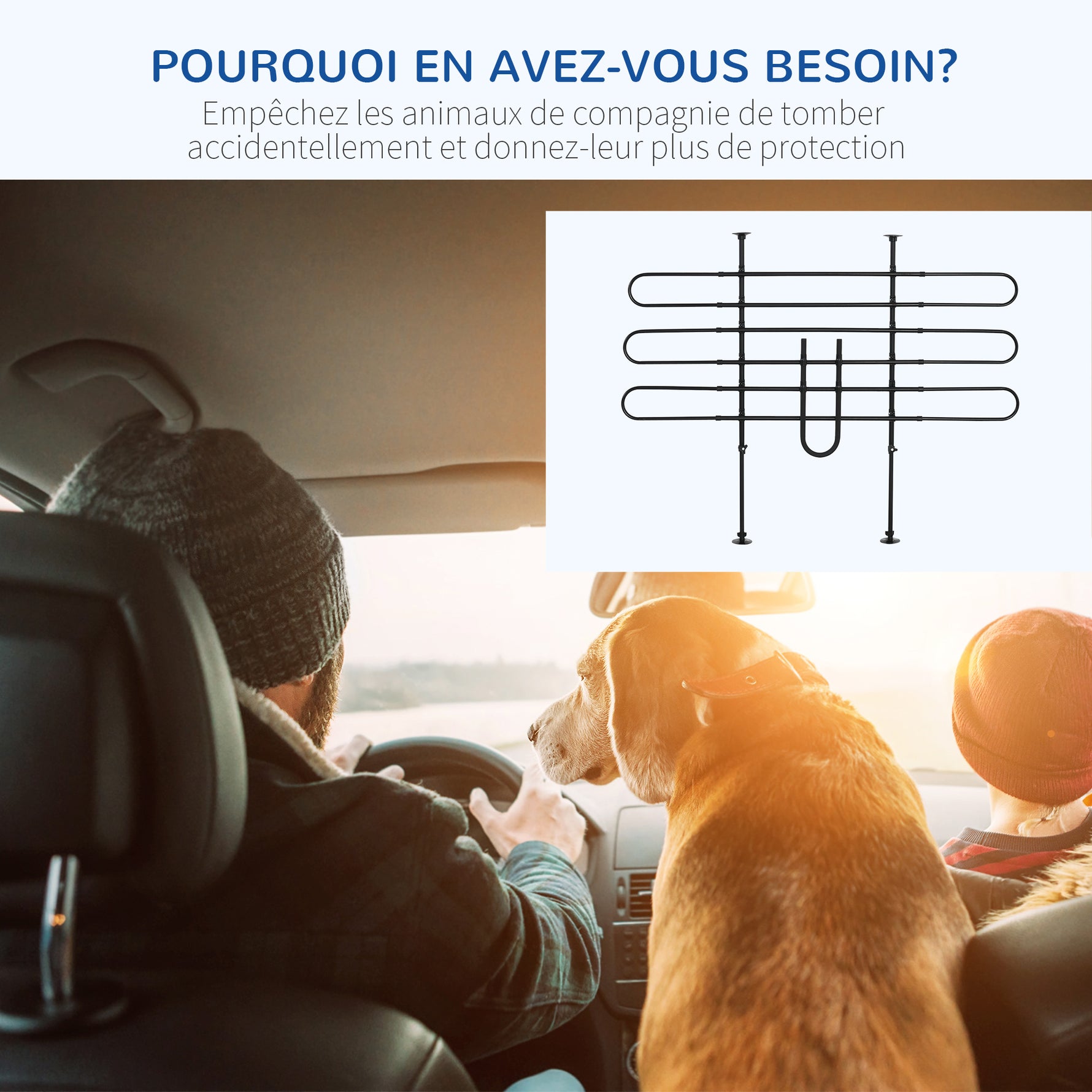 Grille de séparation voiture pour chien réglable, largeur : 87-135 cm, hauteur : 85-120 cm, barrière de sécurité universelle en acier, pour coffre de voiture pour chien, noir