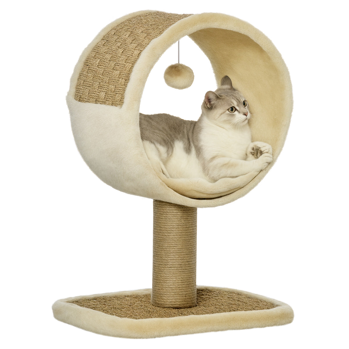 Arbre à chat en cercle avec griffoir en jute et jouet de souris coussin en peluche doux en panneaux de particules 40 x 30 x 56 cm kaki beige café