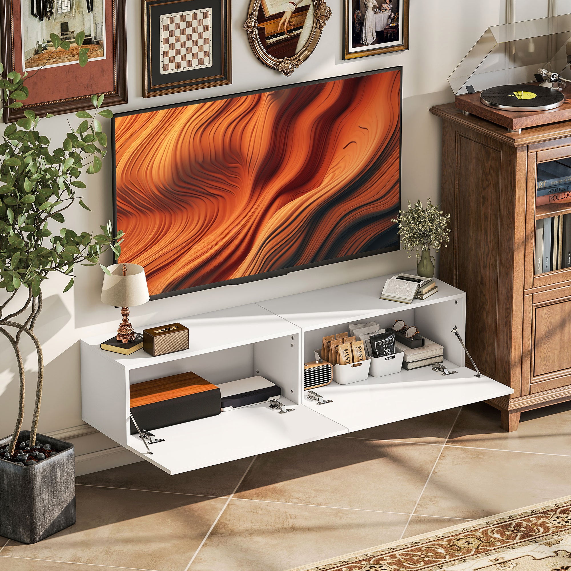 Meuble TV suspendu pour téléviseur jusqu'à 45 55 65 pouces avec 2 placards à portes, 140 x 33 x 29,8 cm, blanc