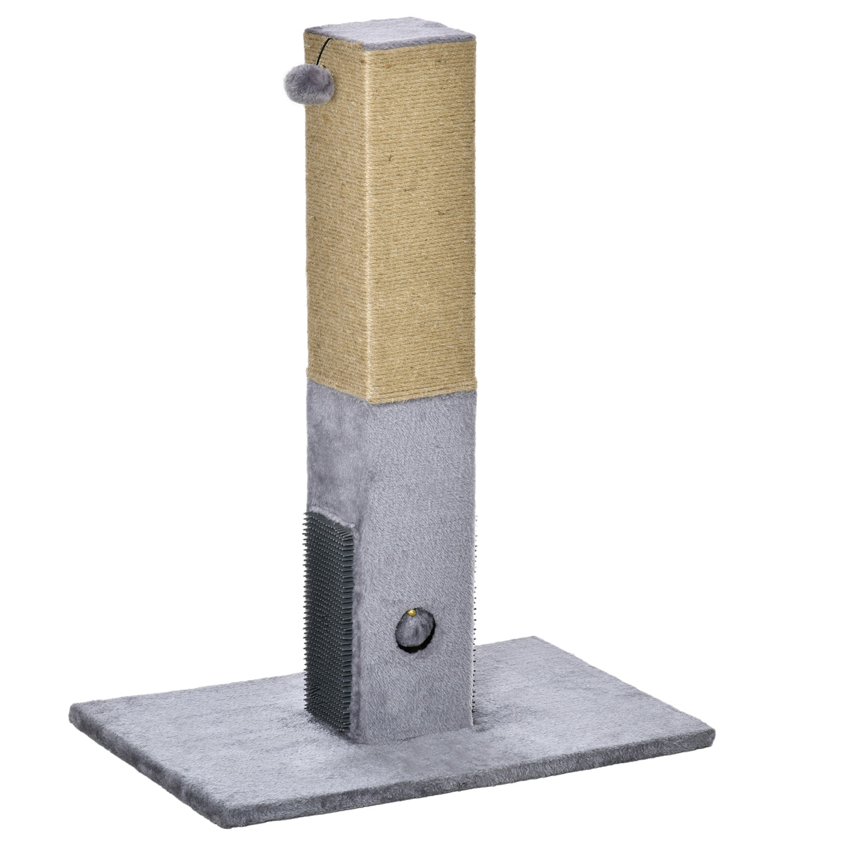 Poteau à gratter pour chat griffoir pour chat balle avec clochette 2 brosses de toilettage 59,5 x 39 x 79 cm beige gris