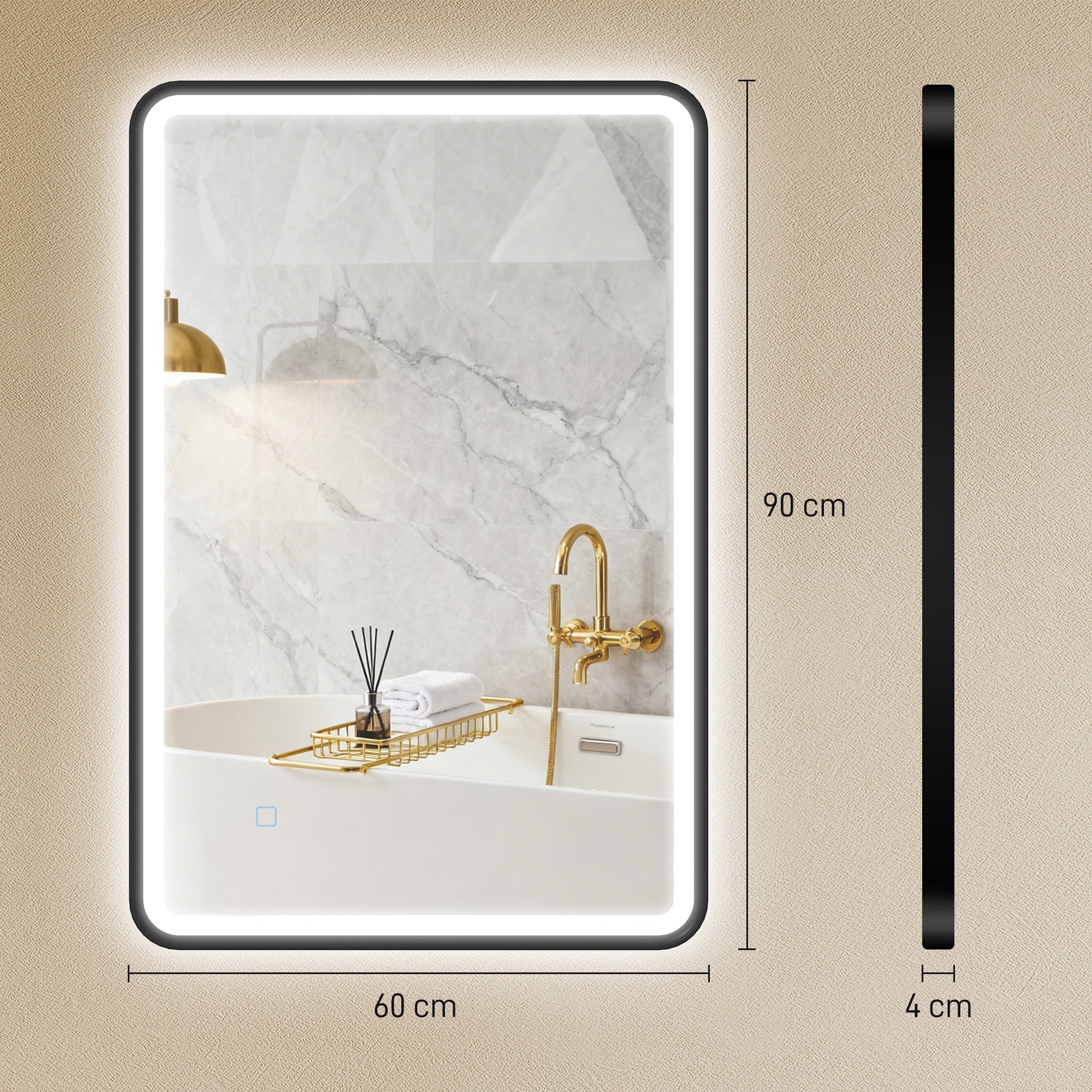 Miroir salle de bain avec éclairage 90 x 60 cm, miroir LED mural, anti-buée, 3 couleurs lumière, dimmable, noir
