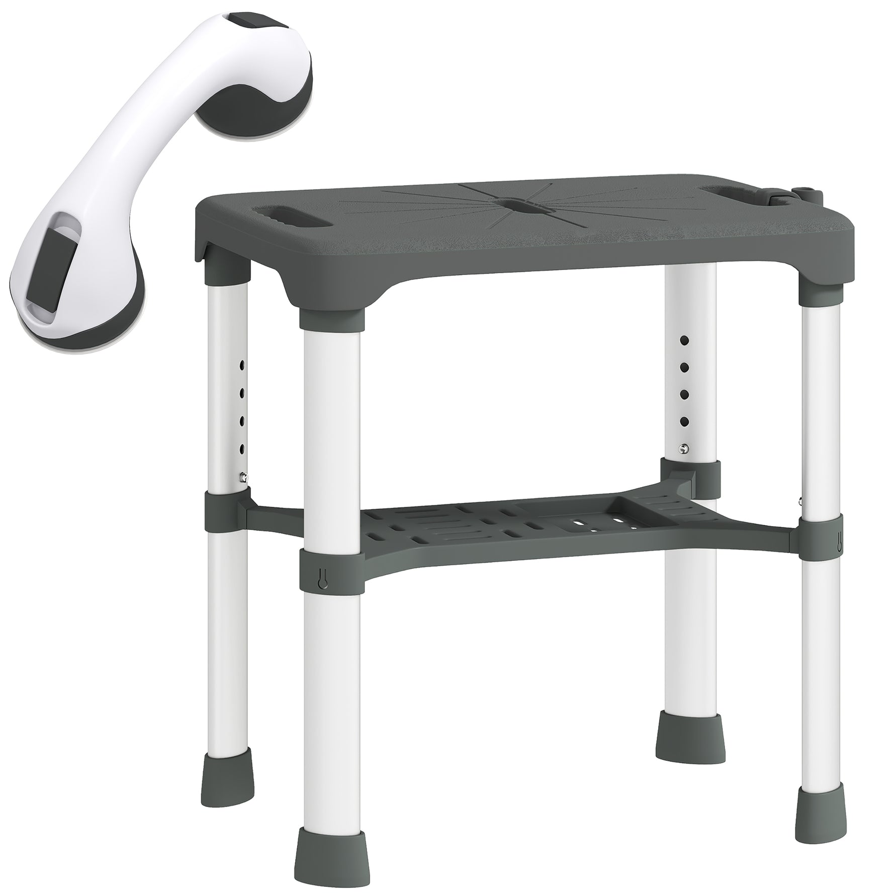 Tabouret de Douche Hauteur Ajustable avec Étagère Intégrée et Barre d'Appui à Ventouse pour Seniors et Handicapés, Gris