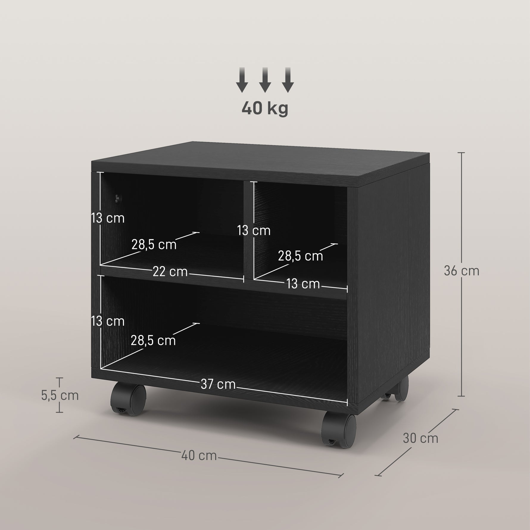 Support d'imprimante meuble de rangement bureau caisson 3 compartiments ouverts 40 x 30 x 36 cm noir