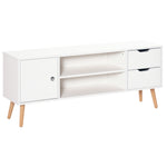 Meuble TV Banc TV Style scandinave Placard 2 niches 2 tiroirs Passe-Fils Panneaux Particules Blanc Bois pin