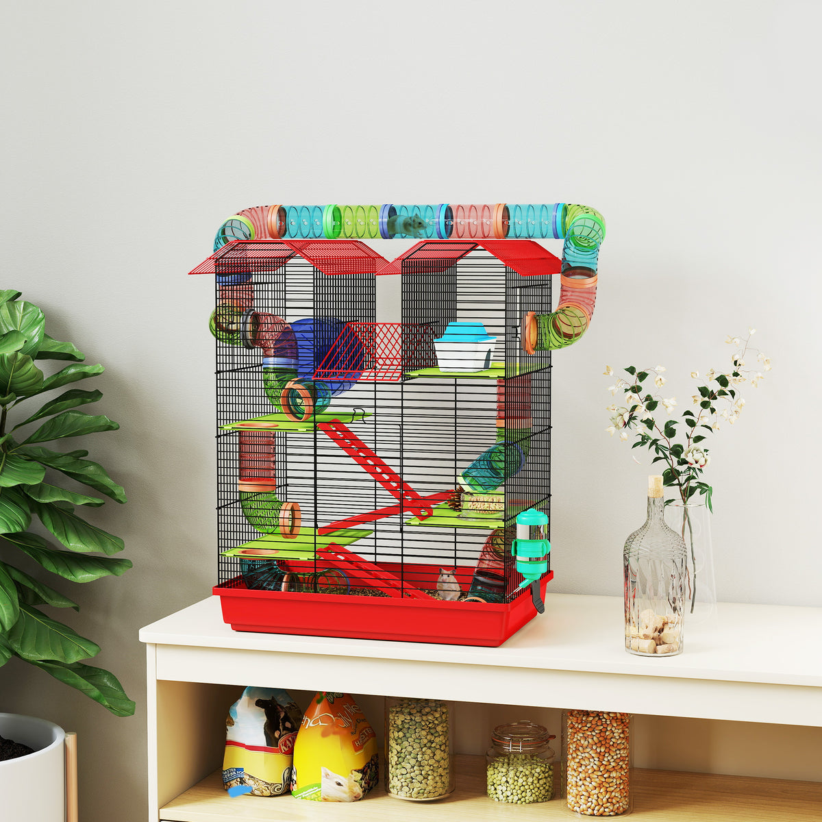 Cage pour hamster souris petit animaux rongeur avec tunnel mangeoire roue jouet 47 x 30 x 59 cm rouge