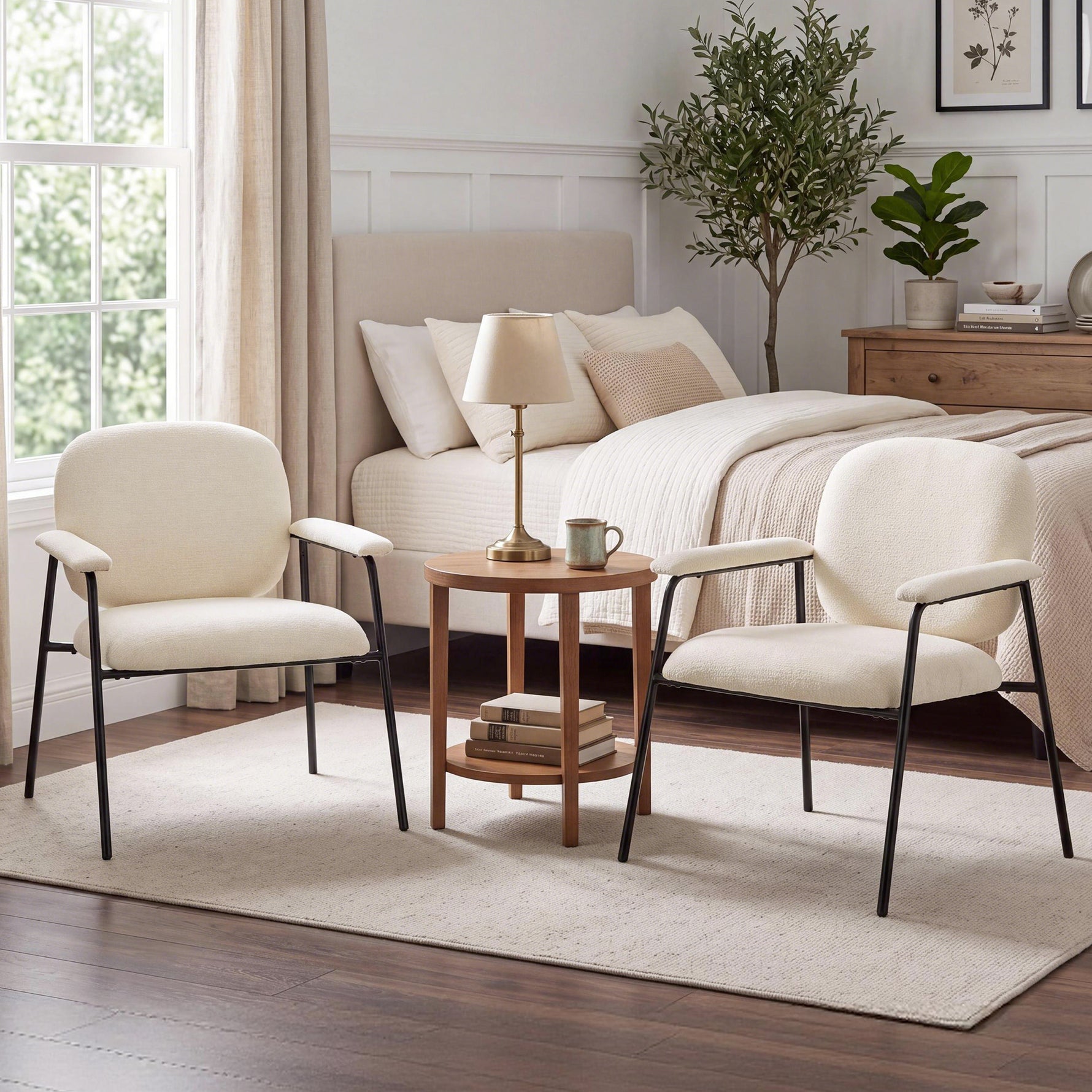 Lot de 2 Fauteuils Salon, Fauteuils d'Appoint en Chenille avec Dossier Profilé, Accoudoirs Rembourrés, Crème