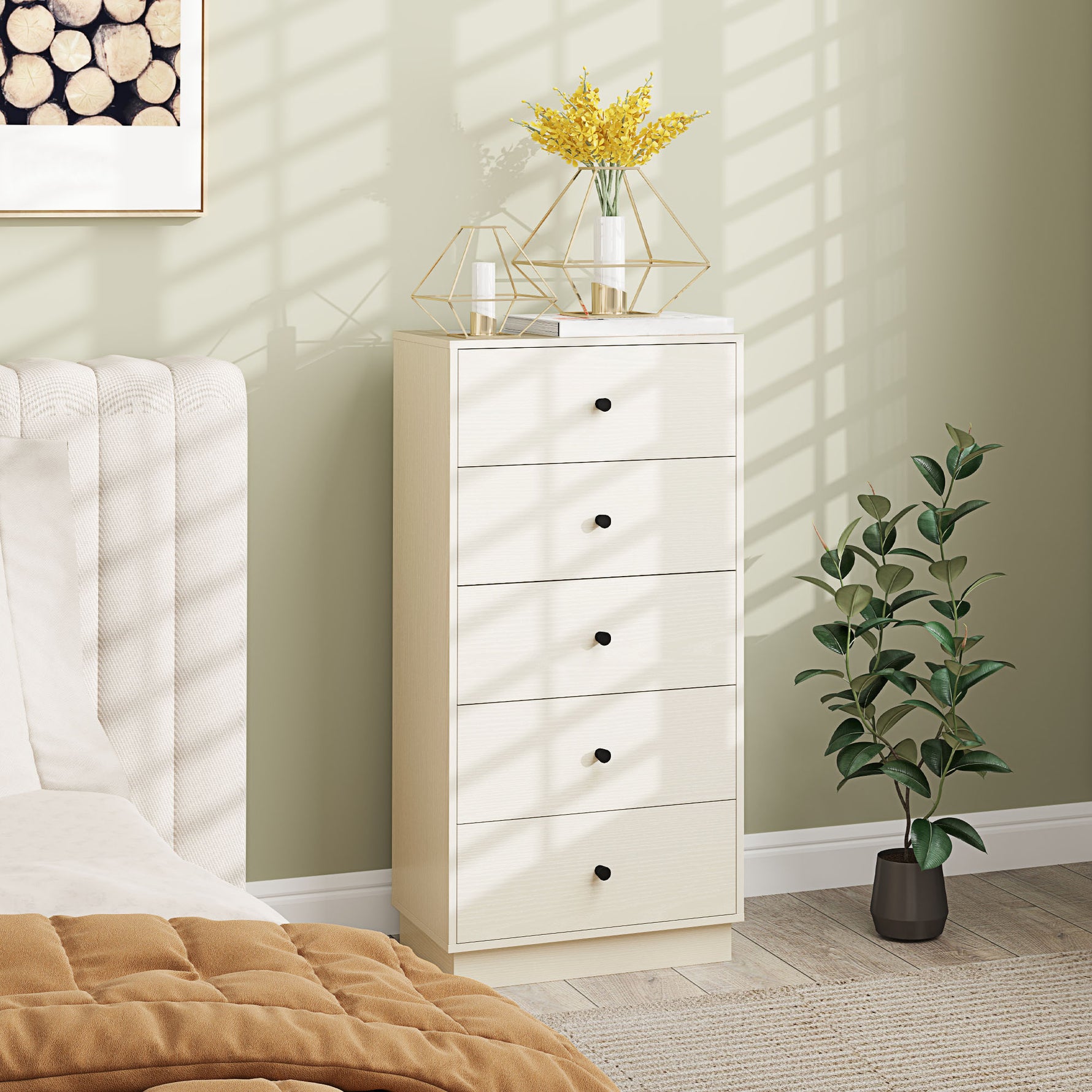 Commode 5 tiroirs, meuble de rangement haut et étroit, style moderne pour chambre à coucher, salon - 47x29x95cm, crème